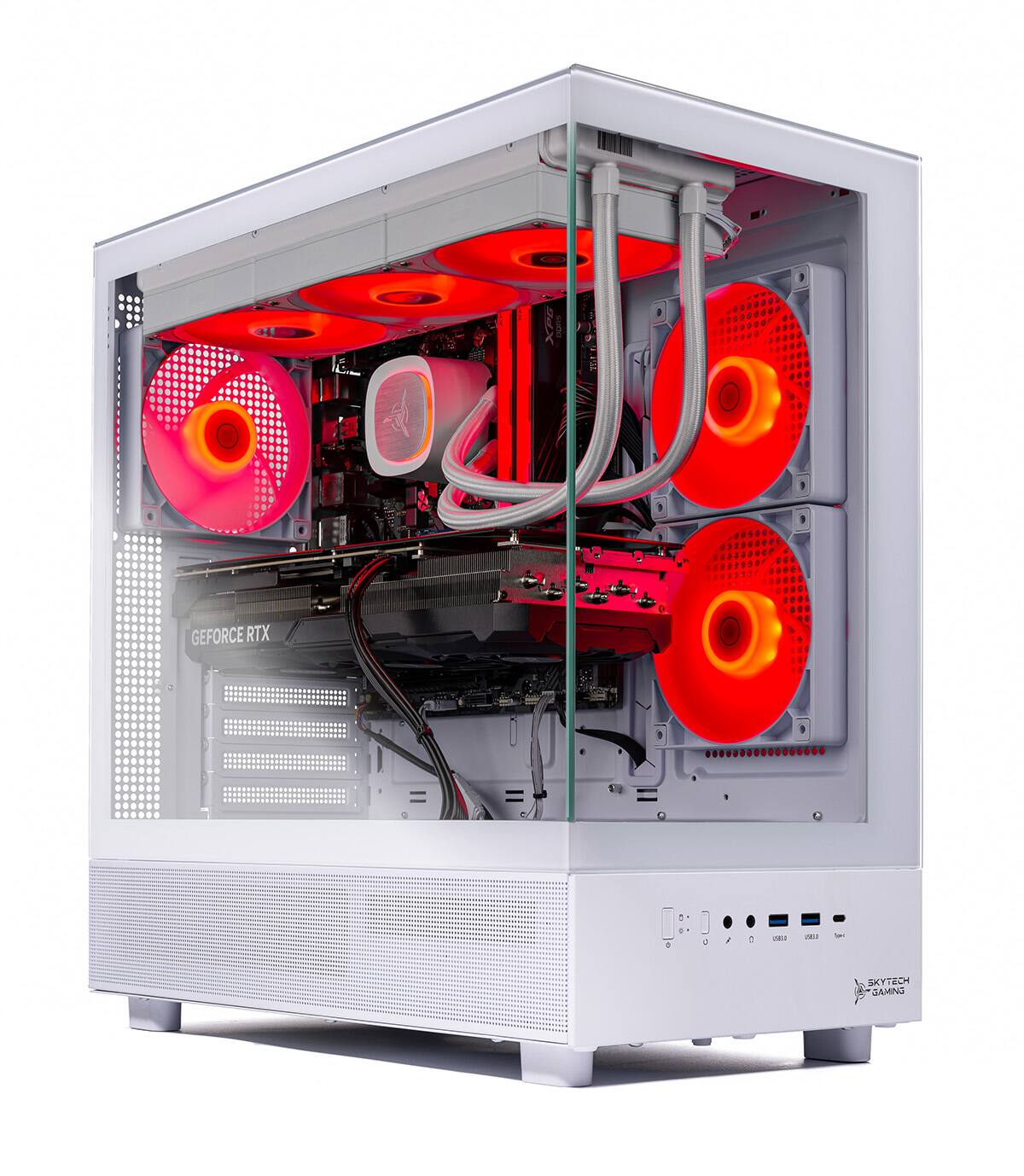 The image shows a white computer tower with a GEFORCE RTX 1 B -. I SKYTECH GAMING logo on the side. The tower is filled with various computer components, including a motherboard, a CPU, and a cooling system with red and orange lights. The components are neatly arranged inside the case, making it an impressive gaming machine.