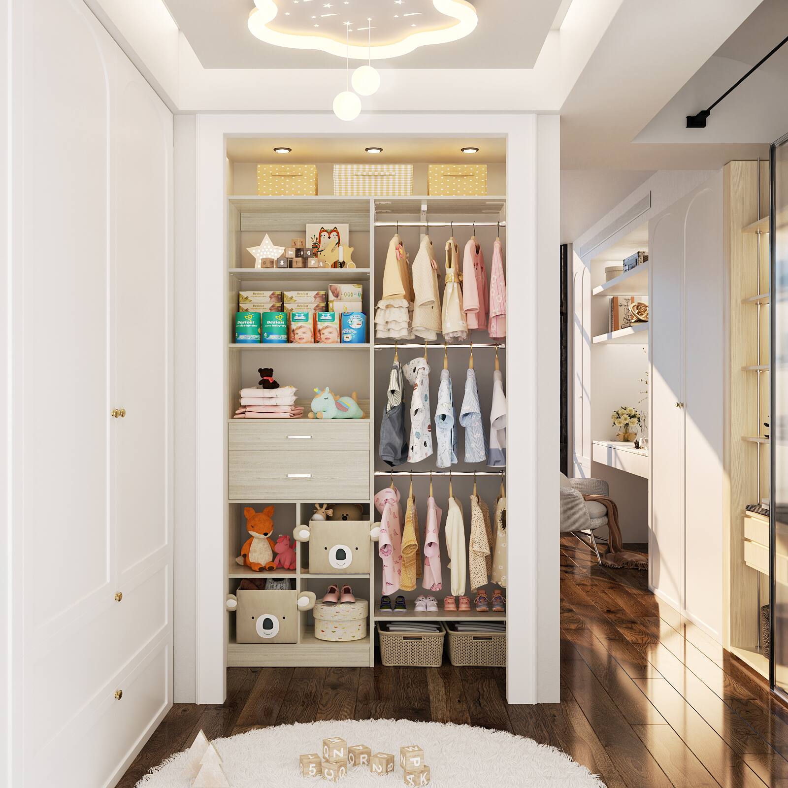 Angle. Aheaplus - 5FT Wall Mounted Closet Organizer System with 2 Drawers, 3 Shelf Towers, and 5 Hanging Rods, Adjustable - Beige Oak.