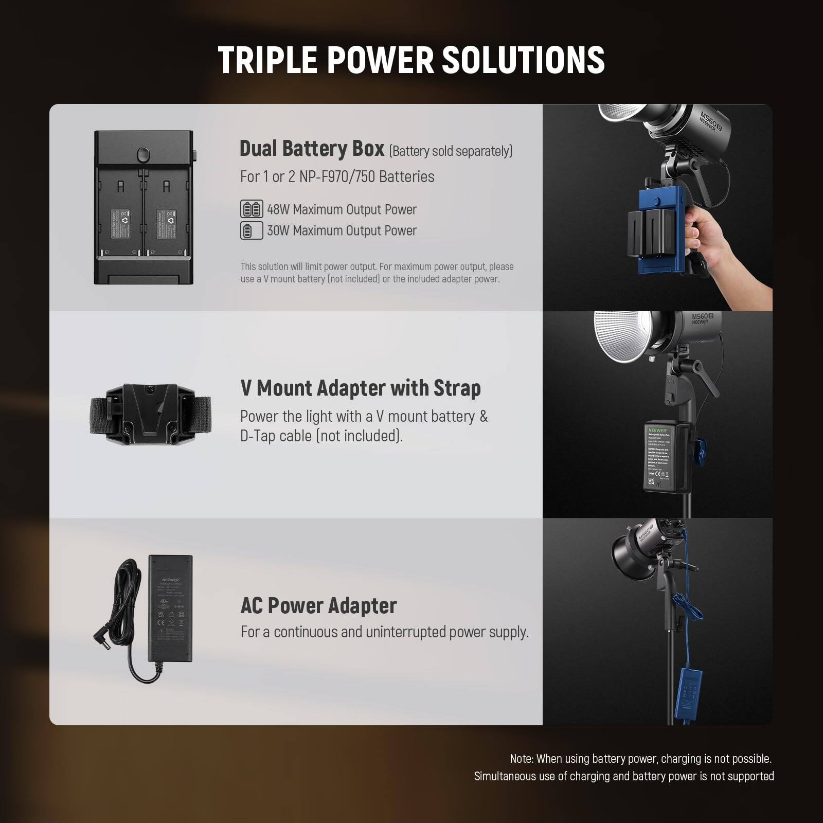TRIPLE POWER SOLUTIONS

Dual Battery Box (Battery sold separately)
For 1 or 2 NP-F970/750 Batteries
- 48W Maximum Output Power
- 30W Maximum Output Power

This solution will limit power output. For maximum power output, please use a V mount battery (not included) or the included adapter power.

V Mount Adapter with Strap
Power the light with a V mount battery & D-Tap cable (not included).

AC Power Adapter
For a continuous and uninterrupted power supply.

Note: When using battery power, charging is not possible. Simultaneous use of charging and battery power is not supported.