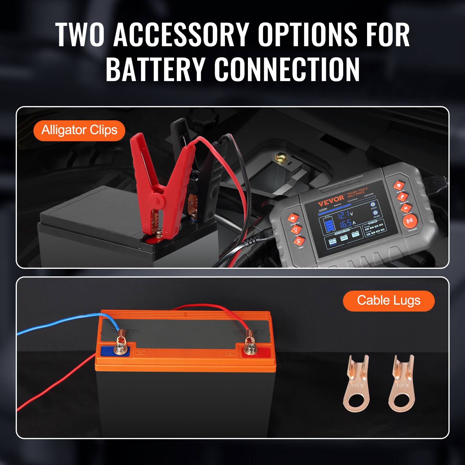 TWO ACCESSORY OPTIONS FOR BATTERY CONNECTION

Alligator Clips

Cable Lugs