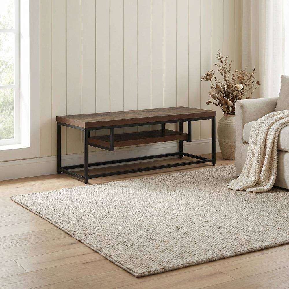 Alt View 2. FurniFact - Weathered Oak & Black Metal TV Stand with Elegant Storage Design - Brown.