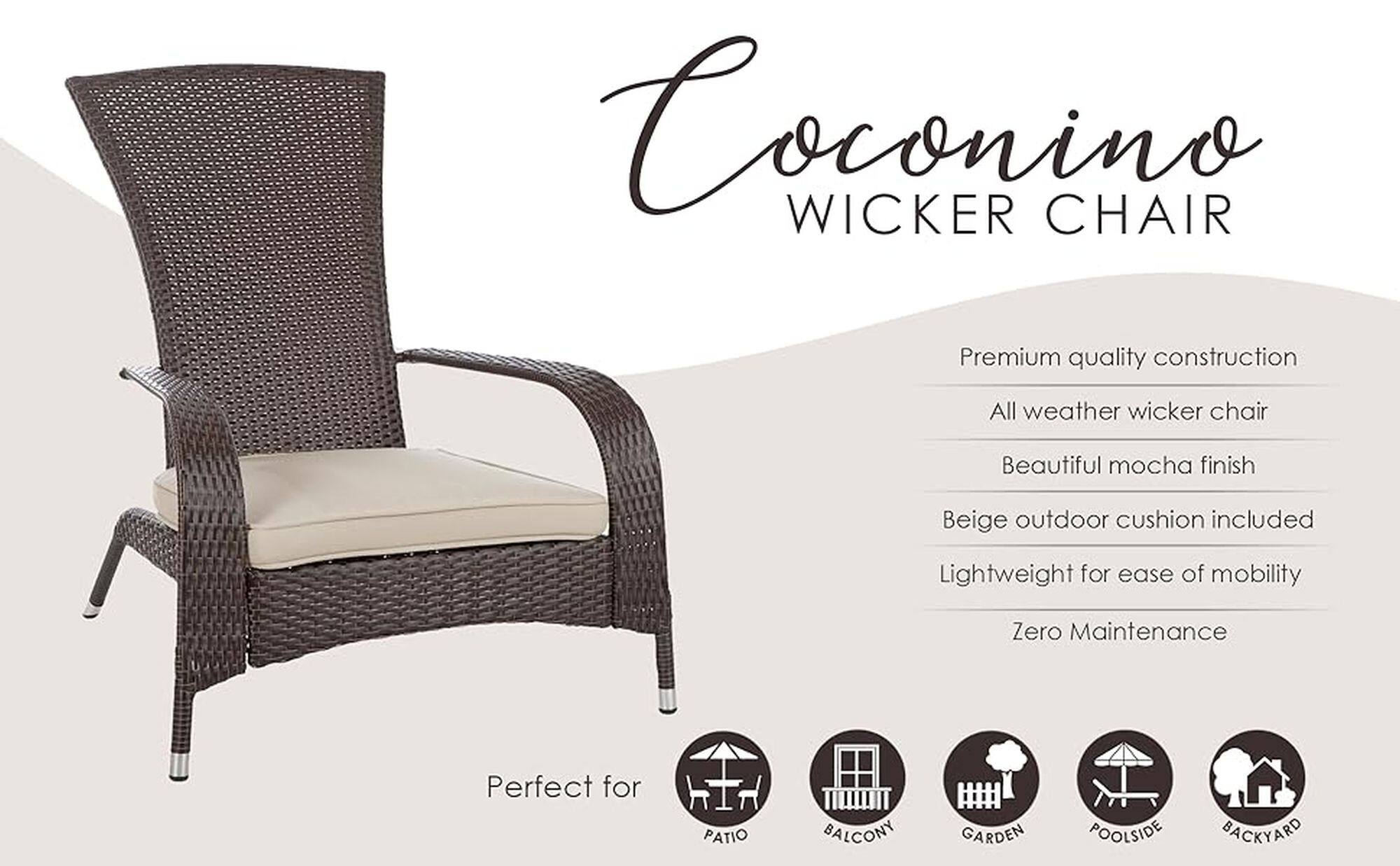 Coconino Wicker Chair: Premium Quality Construction, All-Weather Wicker, Beautiful Mocha Finish, Beige Outdoor Cushion Included, Lightweight for Ease of Mobility, Zero Maintenance, Perfect for Patio, Balcony, Garden, Poolside, Backyard.