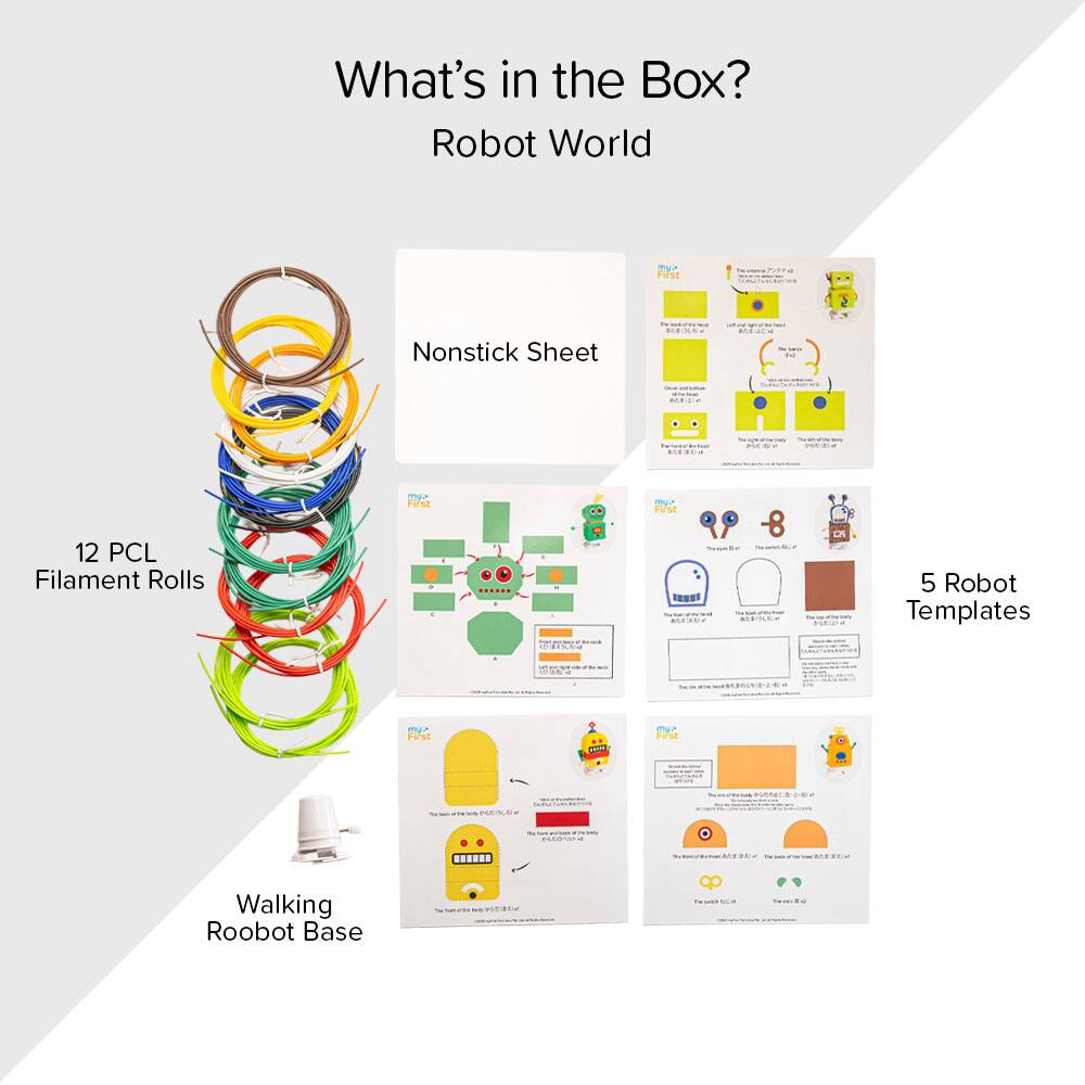 What's in the Box?  
Robot World  
- Nonstick Sheet  
- 12 PCL Filament Rolls  
- Walking Robot Base  
- 5 Robot Templates