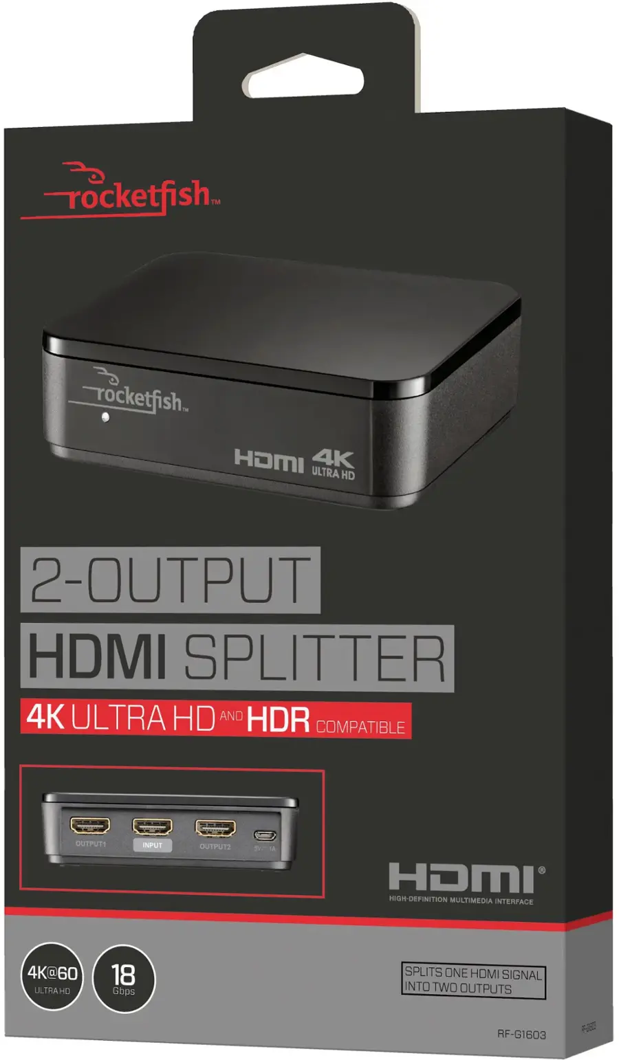 Angle. Rocketfish™ - 2-Output HDMI Splitter with 4K at 60Hz and HDR Pass-Through - Black.