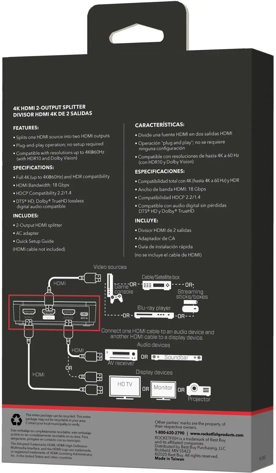 Left. Rocketfish™ - 2-Output HDMI Splitter with 4K at 60Hz and HDR Pass-Through - Black.