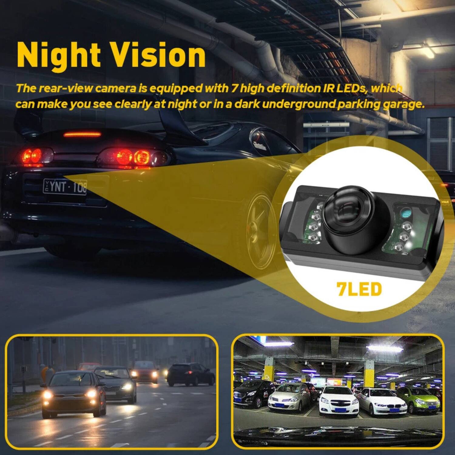 Night Vision
The rear-view camera is equipped with 7 high definition IR LEDs, which can make you see clearly at night or in a dark underground parking garage.
7LED