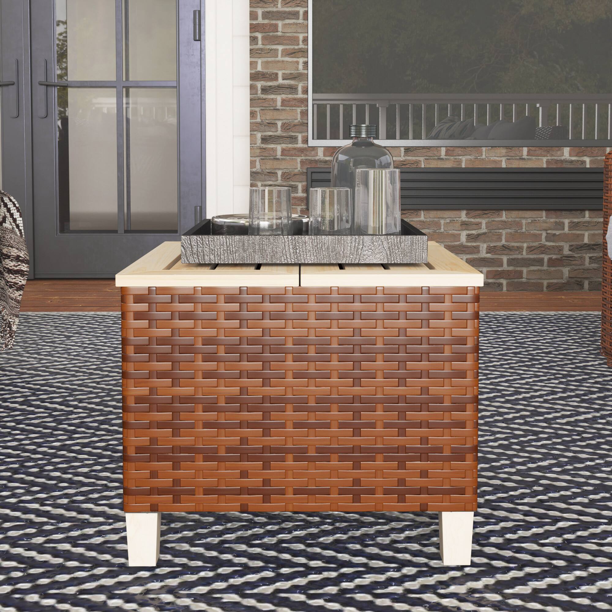 Alt View 7. Outsunny - Outdoor Side Table with PE Rattan, Patio End Table with Natural Fir Wood Tabletop and Legs - Brown.