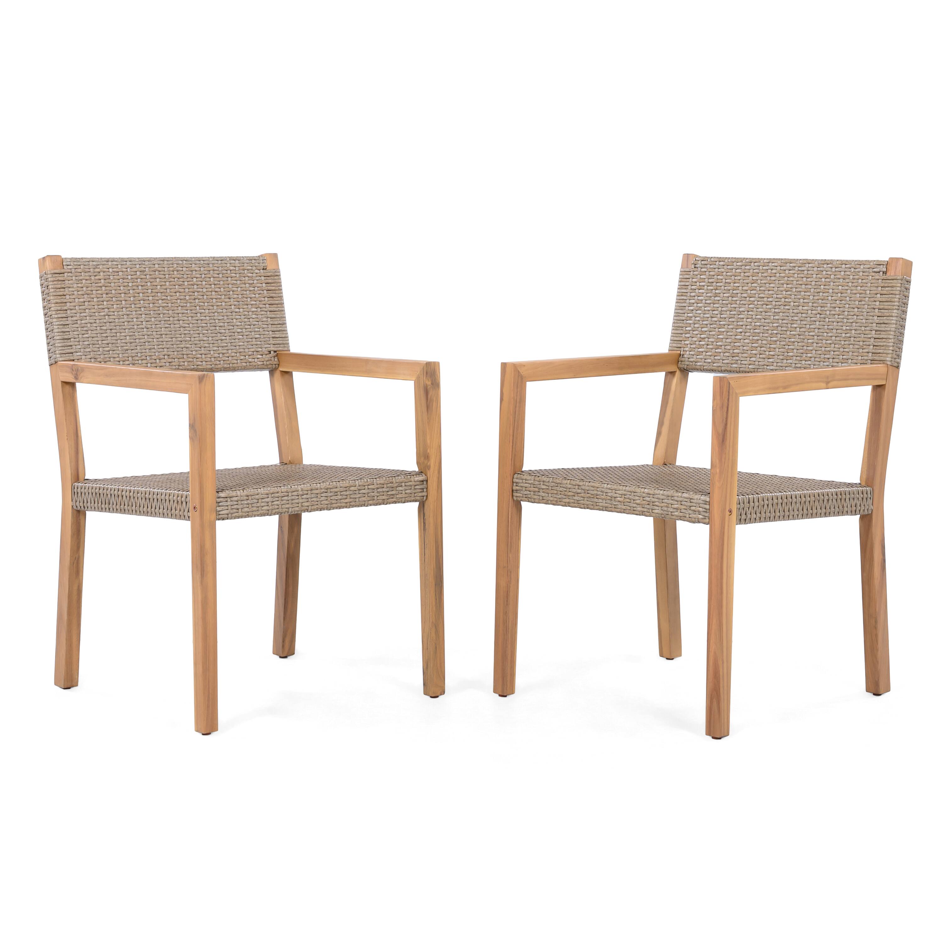 Angle. Mondawe - Set of 2 Acacia Wood and PE Wicker Outdoor Dining Chairs - Light Brown.