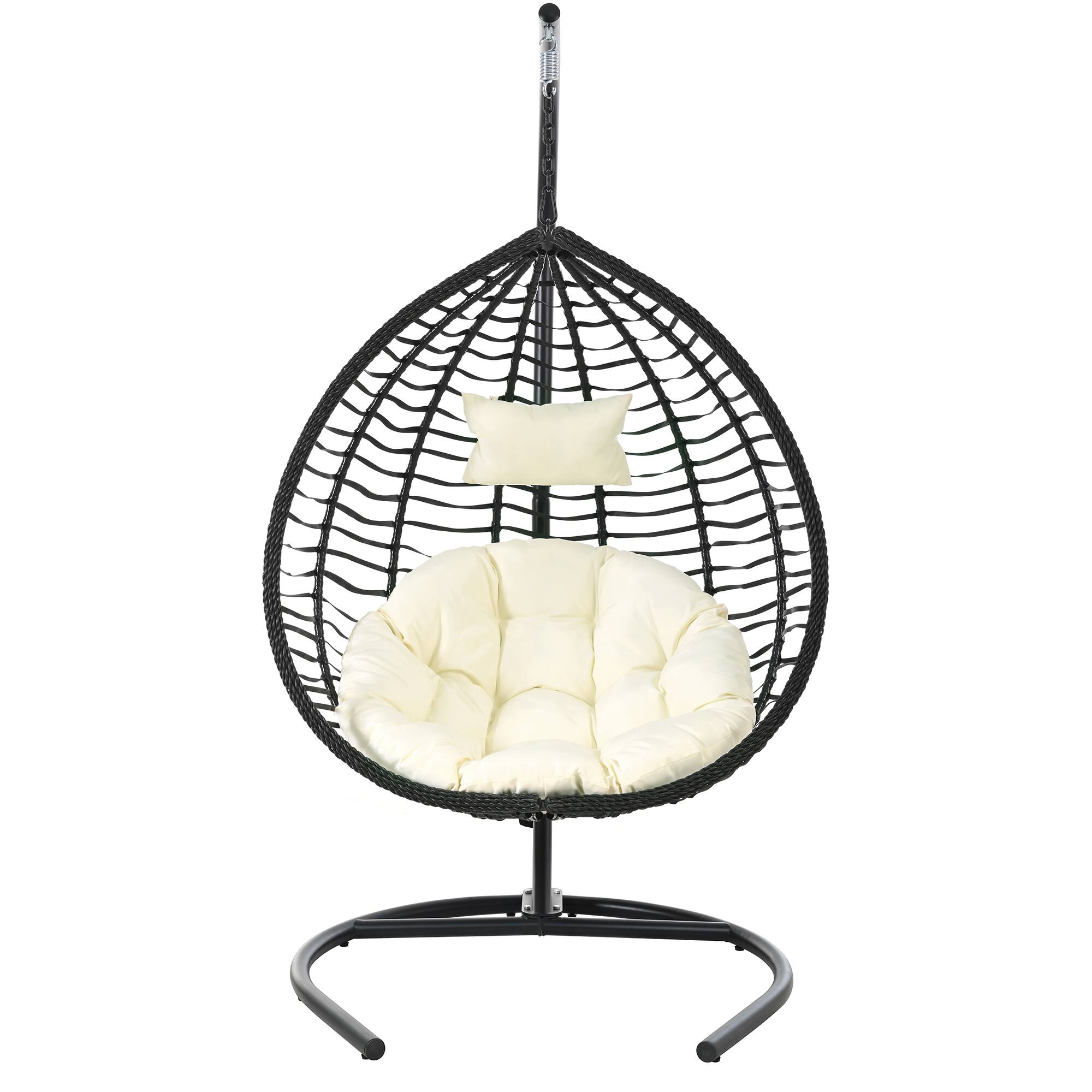 Back. Whisen - Foldable Hanging Egg Chair with Stand, Sturdy Indoor Outdoor Swing with Plush Cushion-Black - Black.
