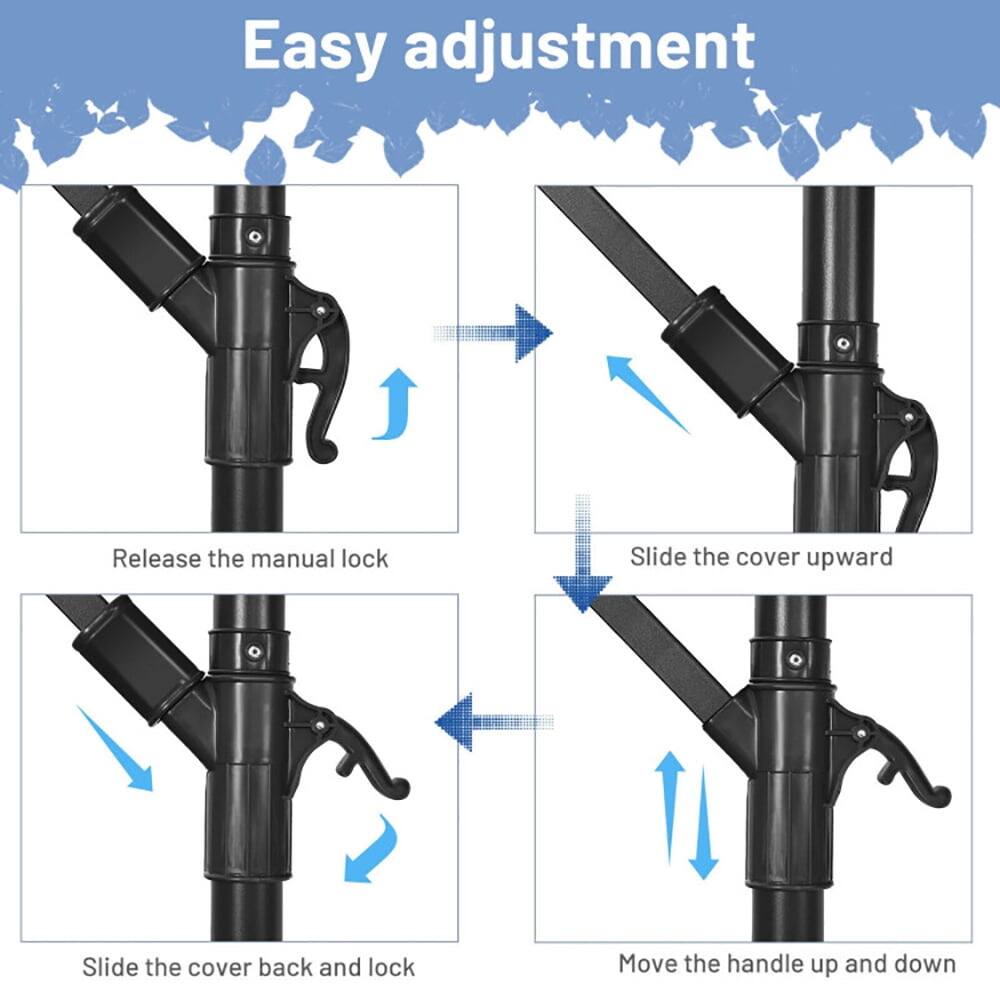 Easy adjustment

1. Release the manual lock
2. Slide the cover upward
3. Slide the cover back and lock
4. Move the handle up and down