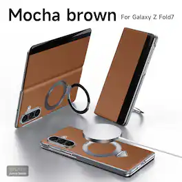 Dteck - Magnetic Leather Flip Phone Case for Samsung Galaxy Z Fold7 with Ring Stand Card Slot, Rigid Plastic Protective Cover - Brown