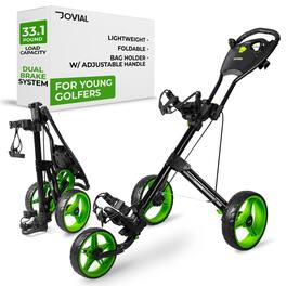 Pyle - JOVIAL Foldable 3 Wheel Junior Golf Push Pull Cart with Aluminum Frame 33 lbs Capacity Adjustable Padded Handle - Green