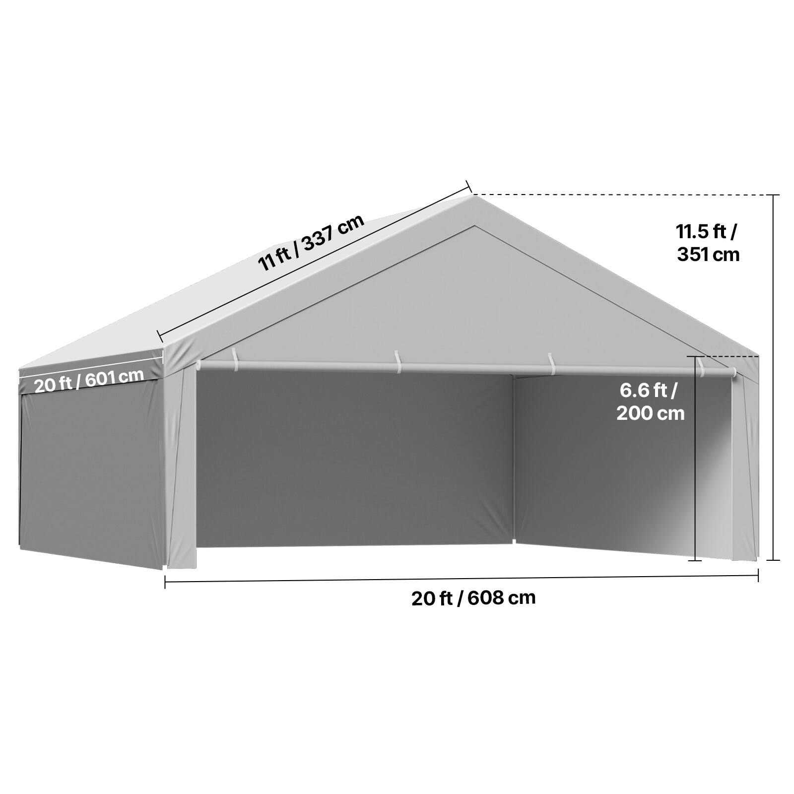- 20 ft / 601 cm
- 11 ft / 337 cm
- 11.5 ft / 351 cm
- 6.6 ft / 200 cm
- 20 ft / 608 cm