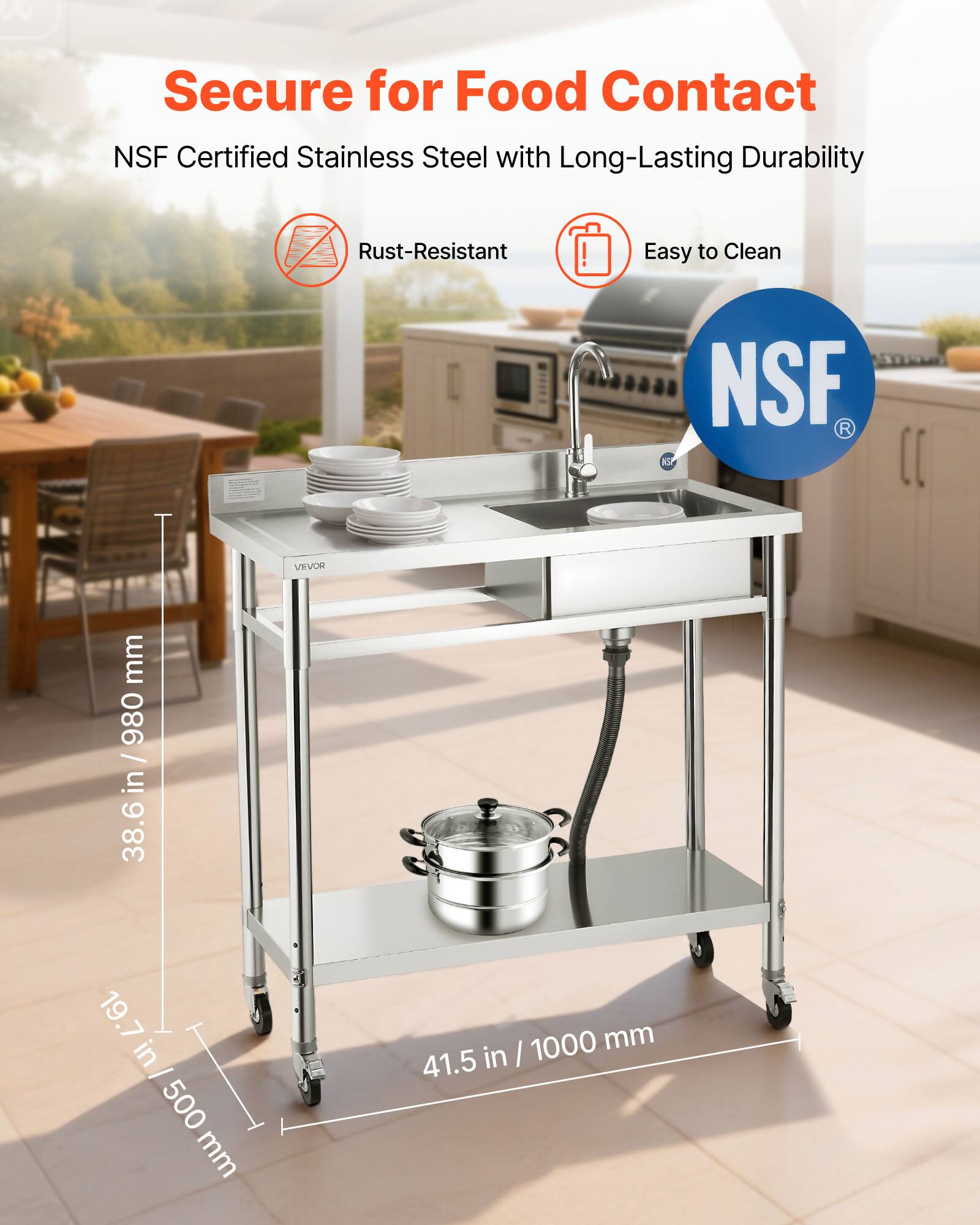 Secure for Food Contact  
NSF Certified Stainless Steel with Long-Lasting Durability  
Rust-Resistant  
Easy to Clean  

Dimensions:  
- Height: 38.6 in / 980 mm  
- Width: 41.5 in / 1000 mm  
- Depth: 19.7 in / 500 mm  

NSF Certified