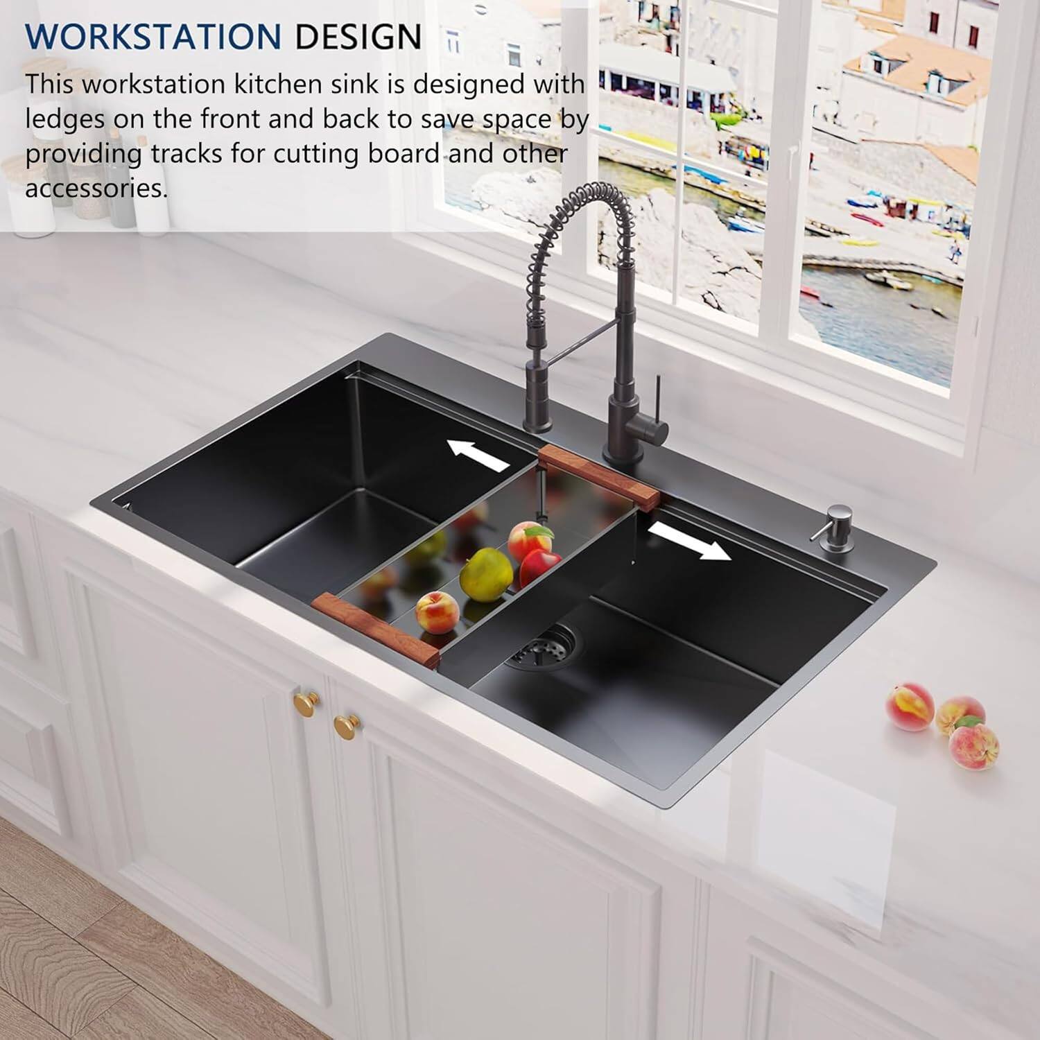 WORKSTATION DESIGN

This workstation kitchen sink is designed with ledges on the front and back to save space by providing tracks for cutting board and other accessories.