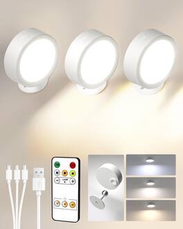 EZVALO - 3 Pack Rotation Dimmable Cordless Wall Mounted Light LED Wall Sconce Smart Recessed Lighting with Remote-3 Temps - White