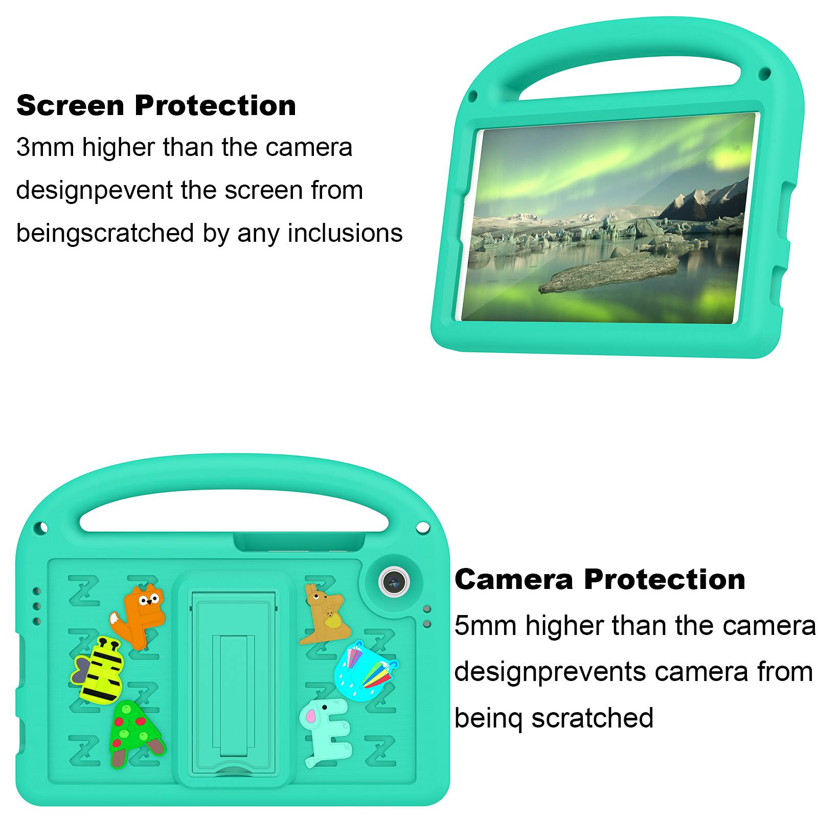 Screen Protection  
3mm higher than the camera design prevents the screen from being scratched by any inclusions

Camera Protection  
5mm higher than the camera design prevents the camera from being scratched