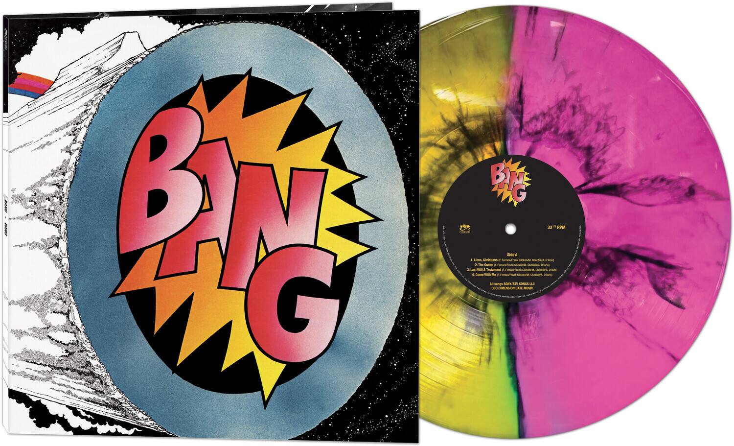 Sure, here is the corrected and grouped text:

**Label:**
- BANG

**Vinyl Information:**
- 33 RPM

**Side A:**
1. Liona Christian - "FeracTcem"
2. Deddik Sone - "The Queen"
3. Lion & Last - "4 Testament"
4. Lona - "nA L Tome"

**Side B:**
1. PeteTrank - "adas n A nongs"
2. SONTATY SONGS - "E - DIMENSION GATE"

**Additional Text:**
- All songs © SONYATY SONGS LLC
- QOD DIMENSION GATE MUSIC