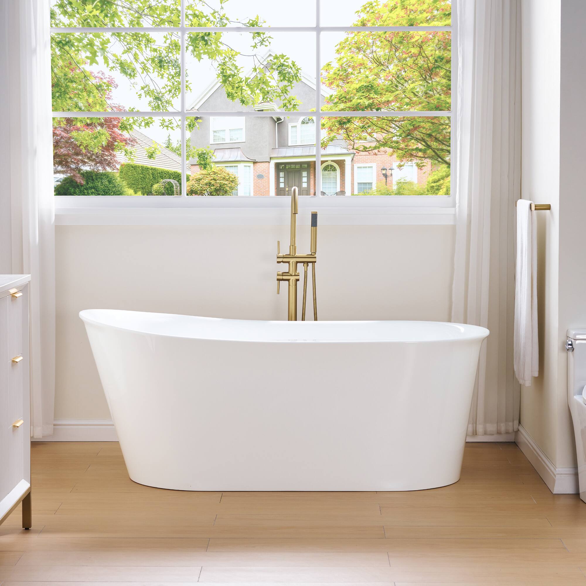 Front. WELLFOR - Silva 66 in. Acrylic Flat Bottom Double Ended Freestanding Soaking  Bathtub with Drain and Overflow - White.