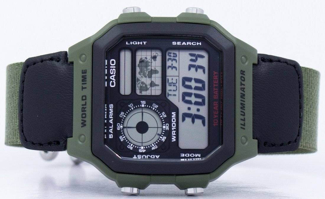 Sure, here is the corrected and grouped text from the image:

- **CASIO**
- **WORLD TIME**
- **LIGHT**
- **SEARCH**
- **ILLUMINATOR**
- **BATTERY**
- **TUE 3:30**
- **3:30**
- **10 YEAR**
- **WR100M**
- **ADJUST MODE**
- **SALARMS**
- **05 10 15 20 25 30 35 40 45 50 55 60**
