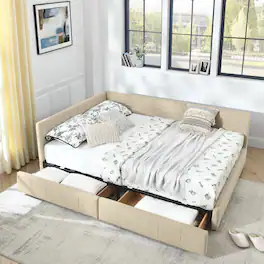 Anysun - Queen Velvet Tufted Storage Bed Frame - Sofa Bed with Backrest & Armrests for Bedroom or Living Room - Beige