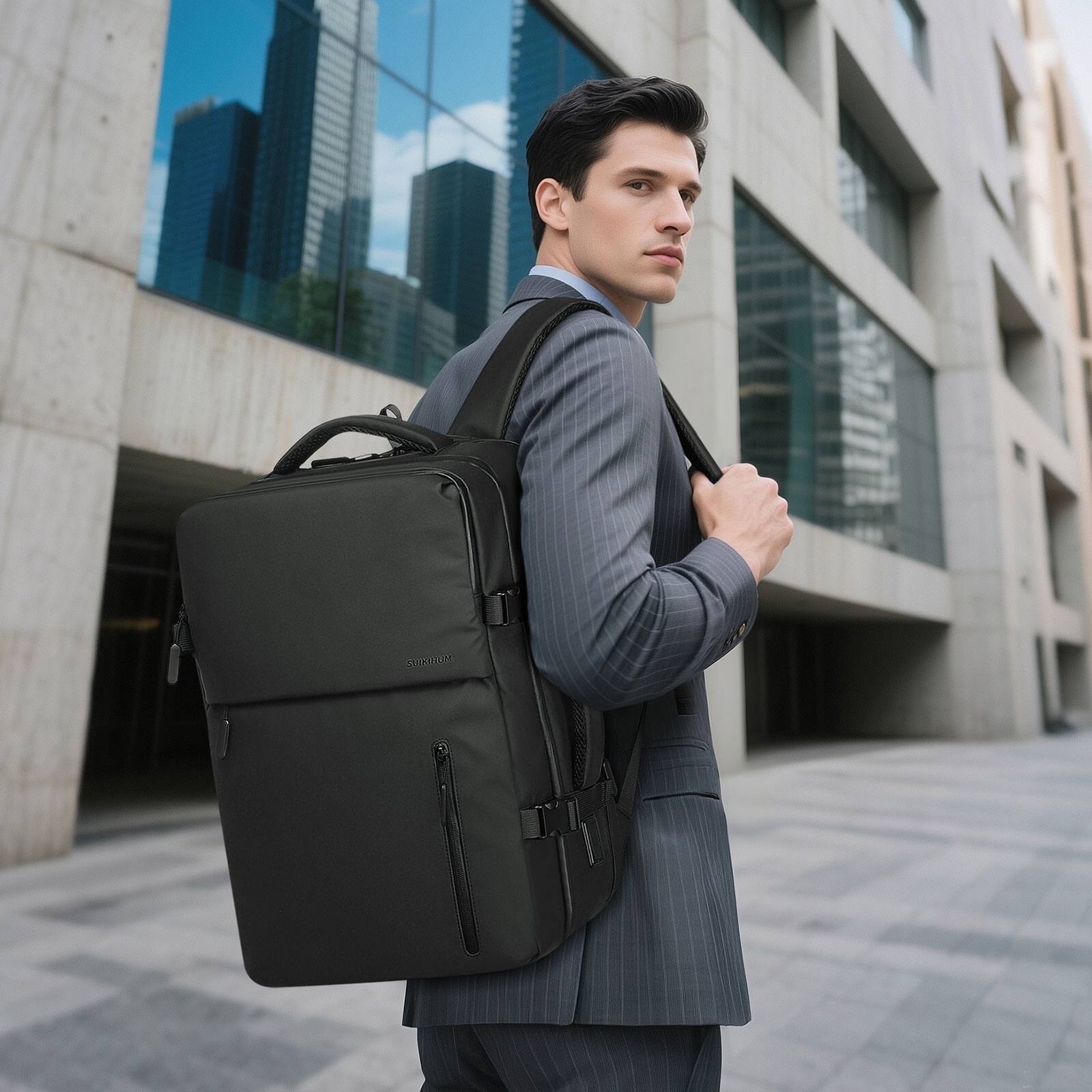 Alt View 1. Unique Bargains - Lay Flat Carry on Travel Backpack, 30L Airline Approved, Fits 16" Laptop, USB-C & USB-A, Water Resistant - Black.