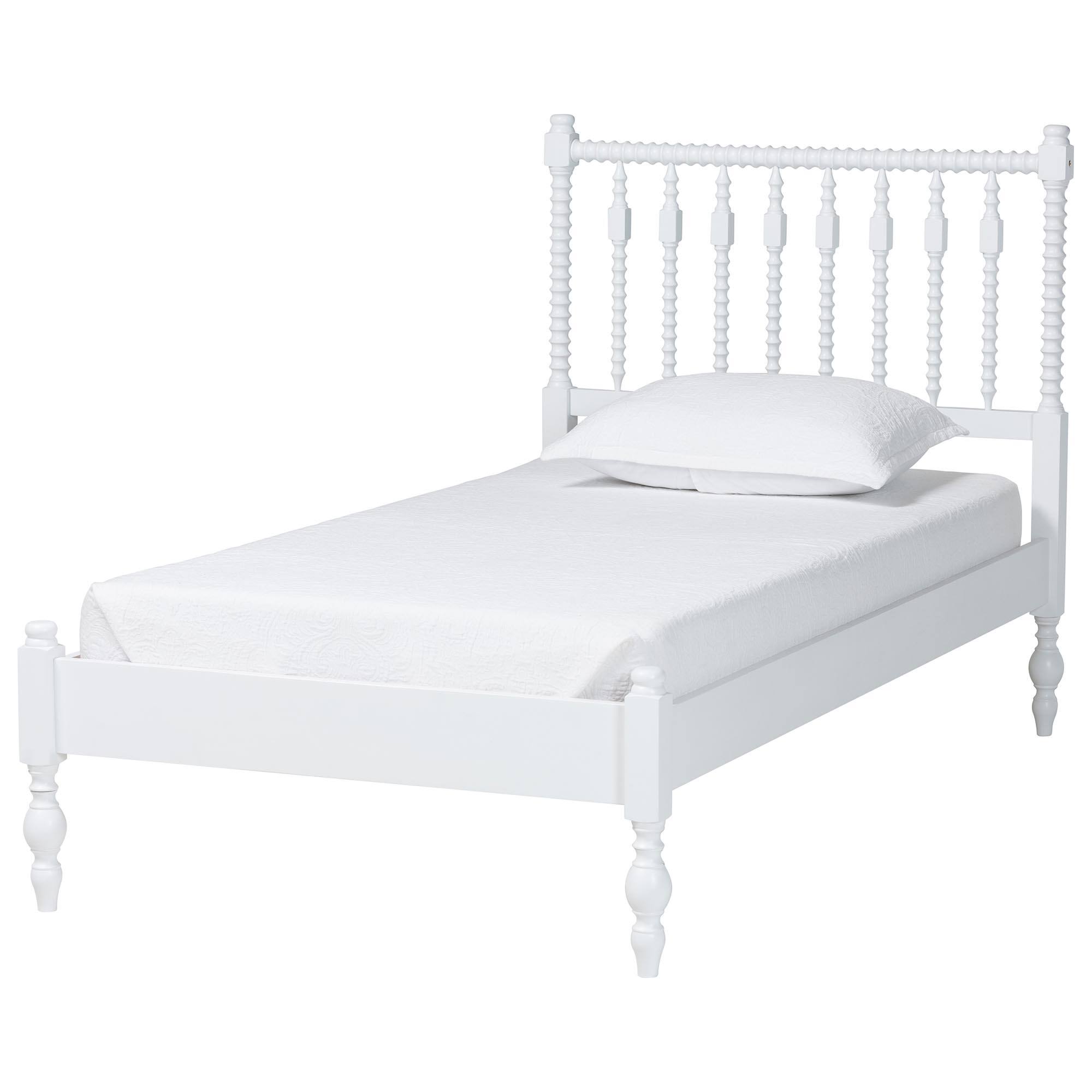 Left. Baxton Studio - Callison Spindle 4-Piece Bedroom Set - Platform Bed with Matching Dresser and 2-Drawer Nightstands, Twin - White.