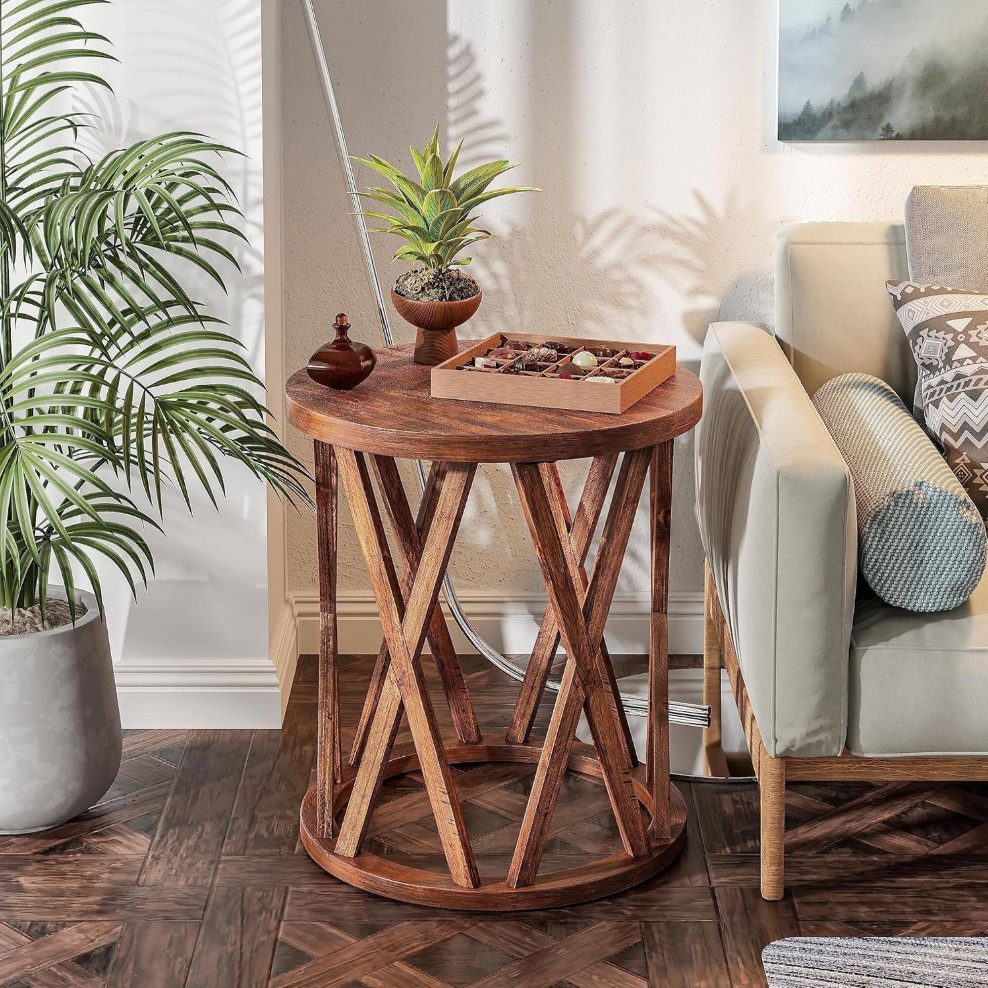Alt View 2. COZAYH - COZAYH Farmhouse End Table, Rustic Round Top with X-Motifs Legs, Brown, Set of 2 - Brown.