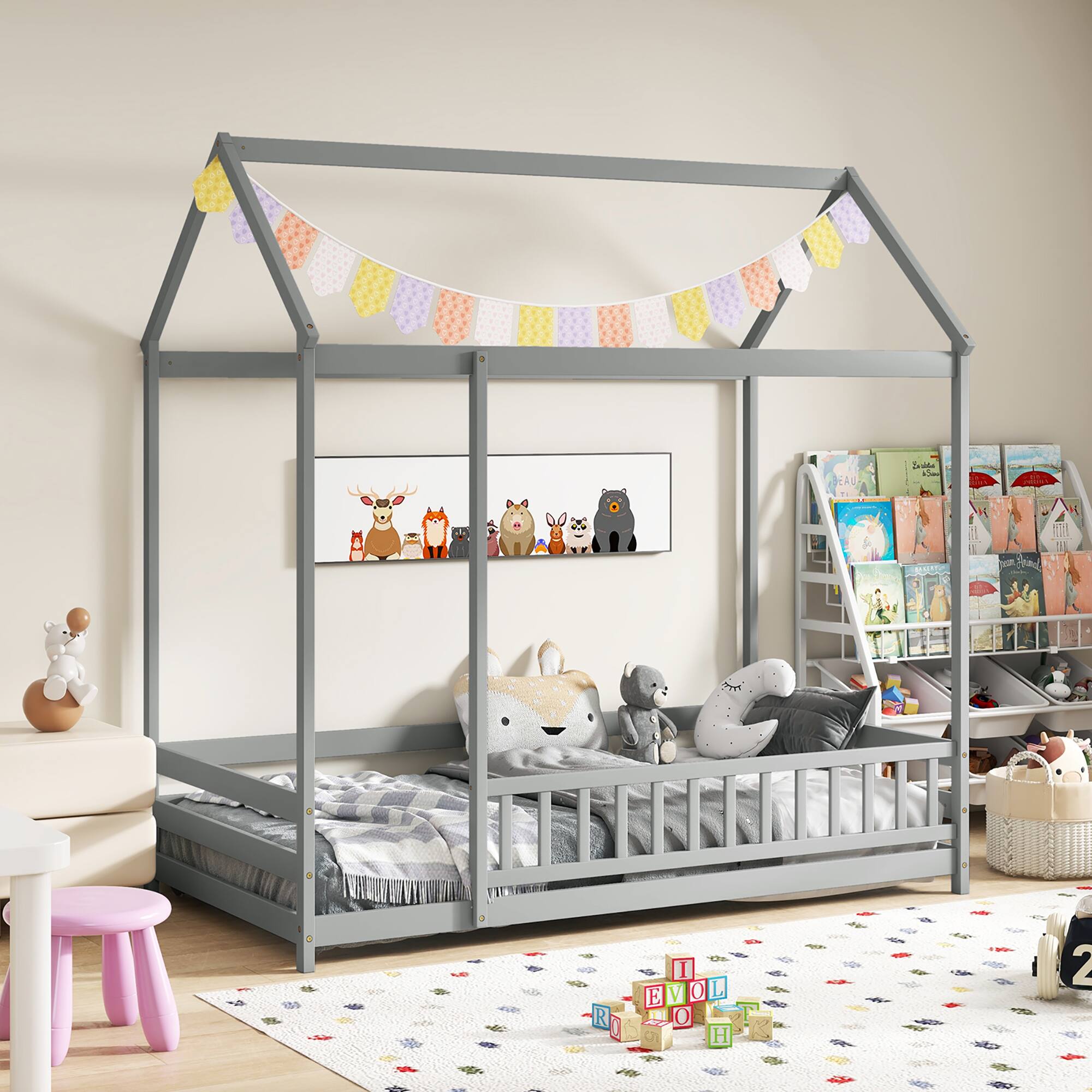 Gymax - Twin Size House Bed w/ Roof & Full-length Safety Guardrail Playhouse Bed Frame Grey - Gray