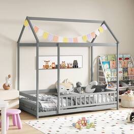 Gymax - Twin Size House Bed w/ Roof & Full-length Safety Guardrail Playhouse Bed Frame Grey - Gray