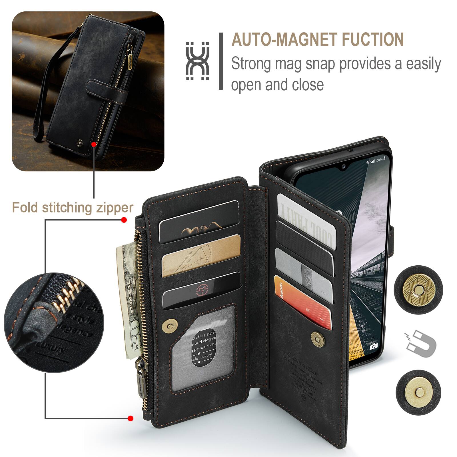 AUTO-MAGNET FUNCTION  
Strong mag snap provides a easily open and close  

Fold stitching zipper