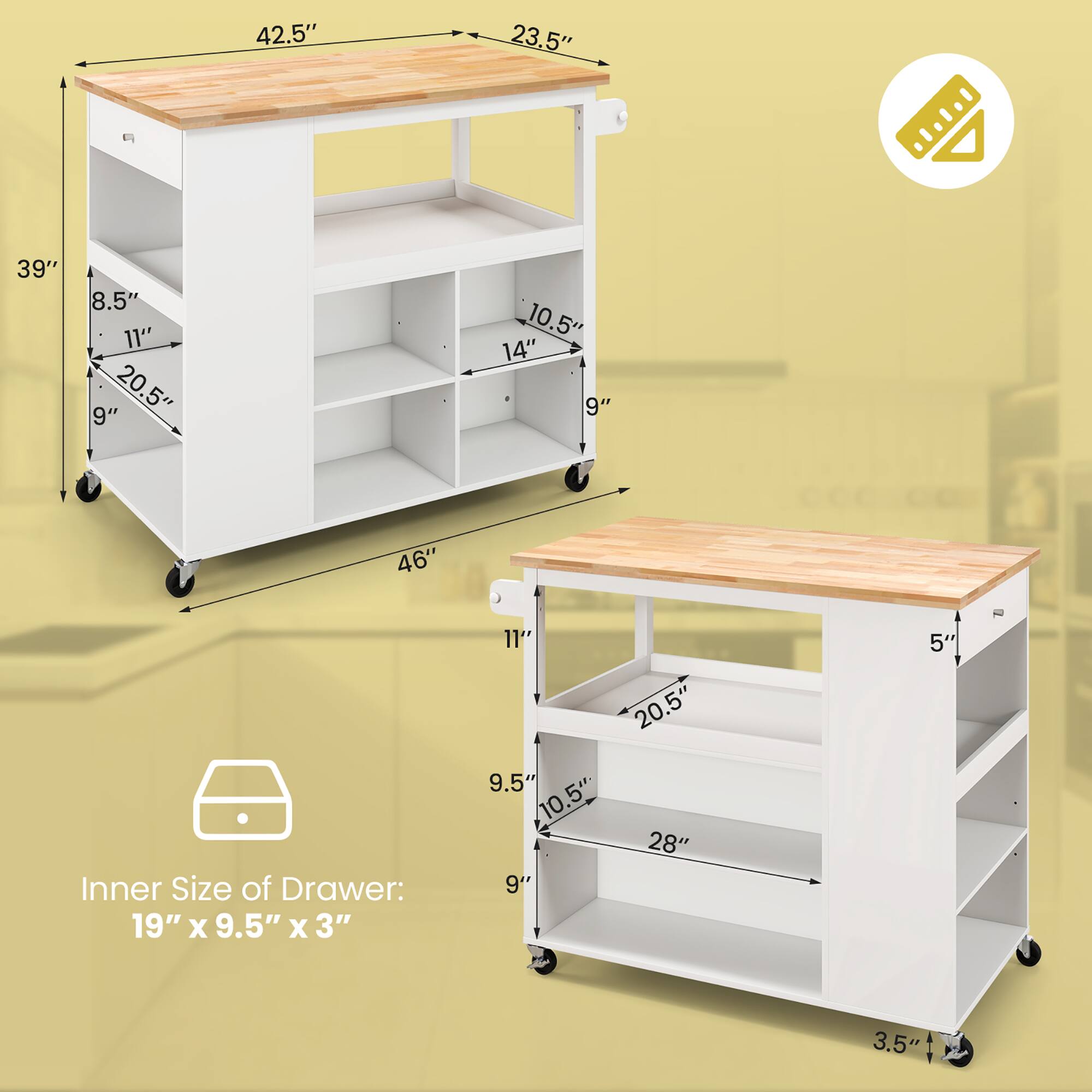 - 42.5"
- 23.5"
- 39"
- 8.5"
- 11"
- 9"
- 20.5"
- 10.5"
- 14"
- 9"
- 46"
- Inner Size of Drawer: 19" x 9.5" x 3"
- 11"
- 20.5"
- 9.5"
- 10.5"
- 10"
- 28"
- 9"
- 5"
- 3.5"