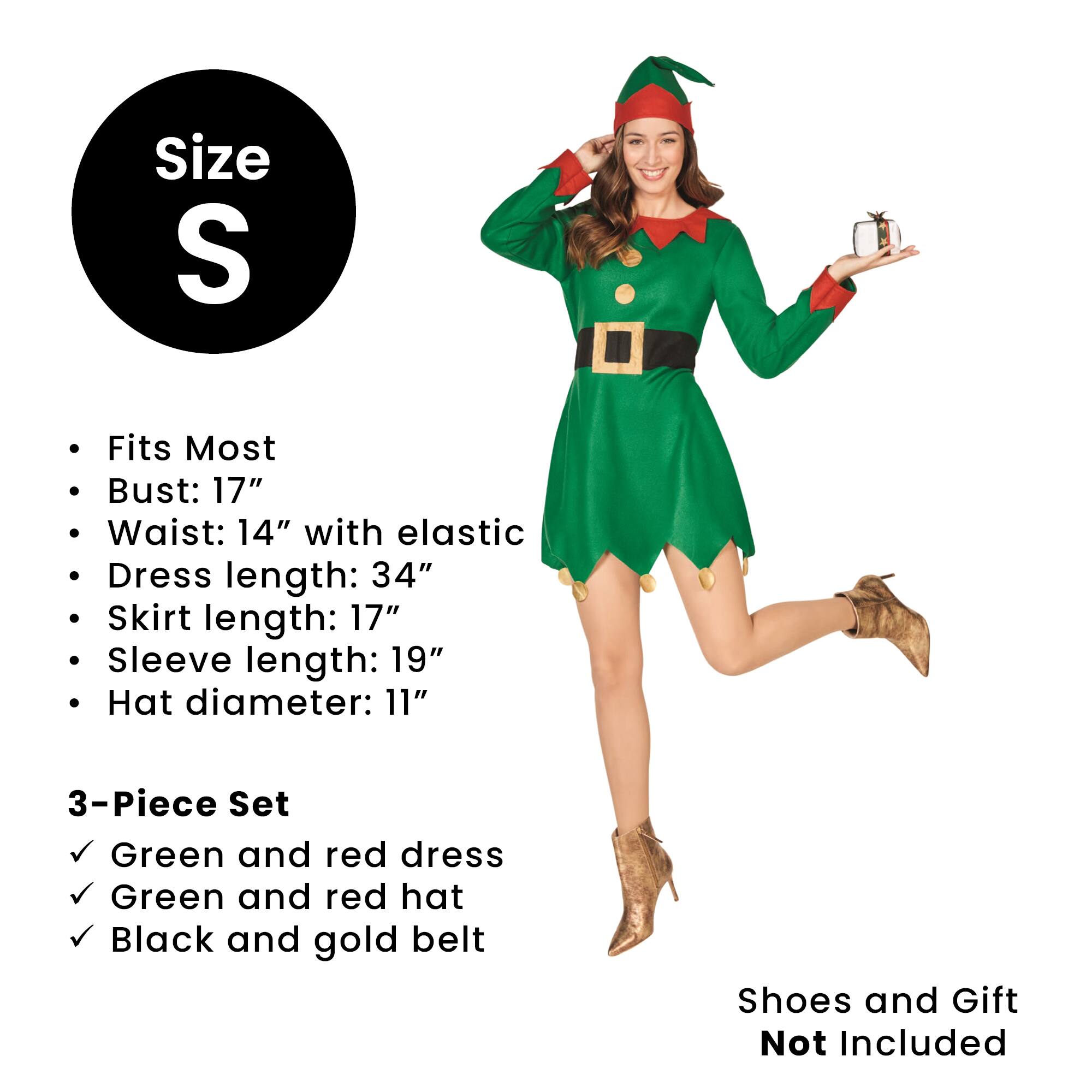 Size S  
Fits Most  
Bust: 17"  
Waist: 14" with elastic  
Dress length: 34"  
Skirt length: 17"  
Sleeve length: 19"  
Hat diameter: 11"  

3-Piece Set  
Green and red dress  
Green and red hat  
Black and gold belt  

Shoes and Gift Not Included