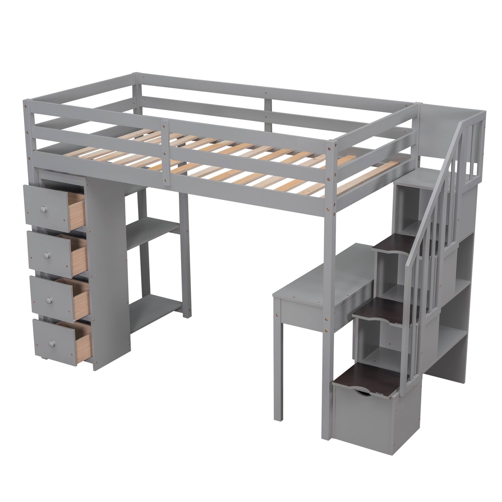 Alt View 3. Aukfa - Twin size Loft Bed with Storage Drawers and Stairs, Wooden Loft Bed with Shelves - Gray.