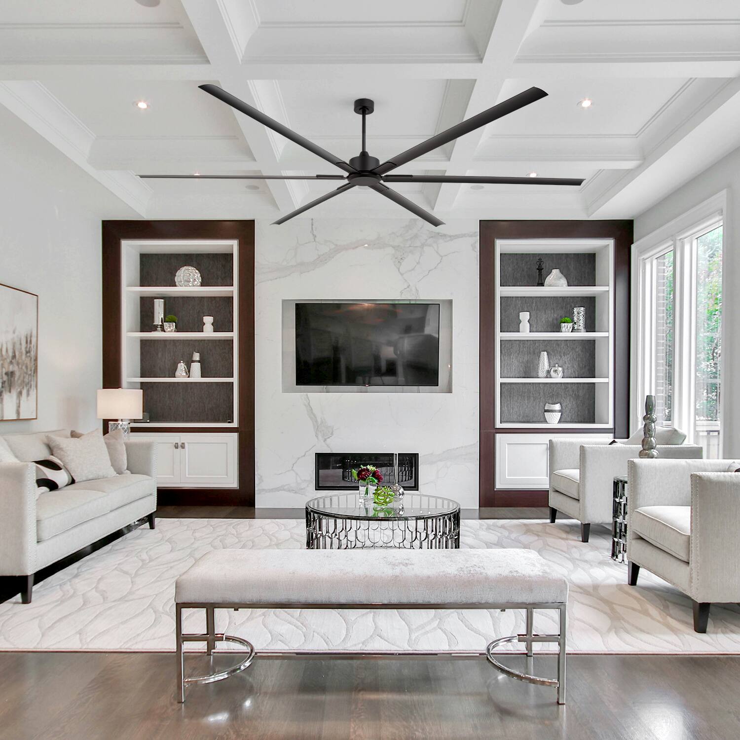 Back. Breezary - 120/144 Inch 12ft HVLS Industrial Ceiling Fan, DC Motor, Aluminum Blades, Downrod Mount, High Airflow, Commercial Grade - 120-in Black (6-Blade).