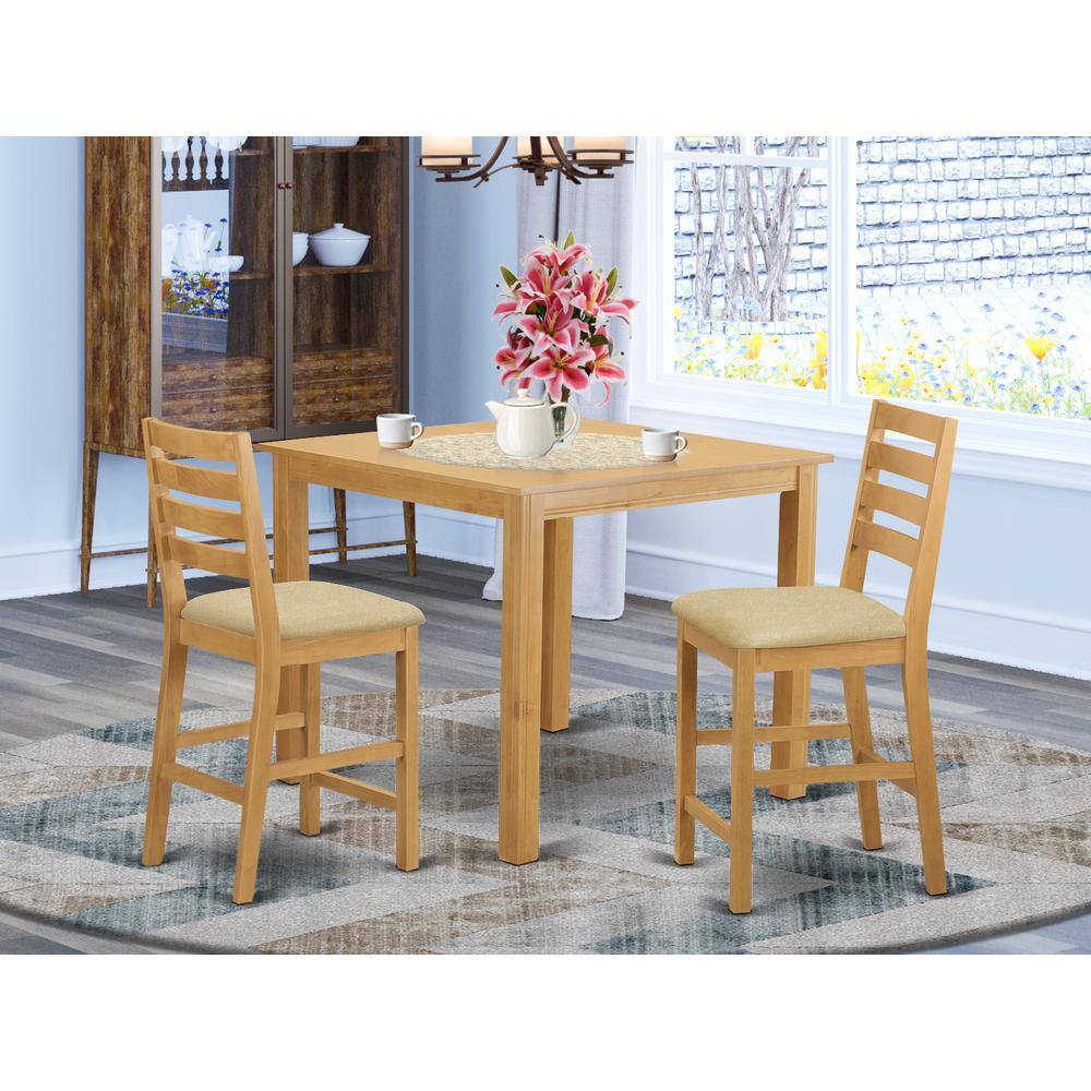Left. East West Furniture - CAFE3-OAK-C 3 PC counter height Dining room set-pub Table and 2 counter height stool - Oak.