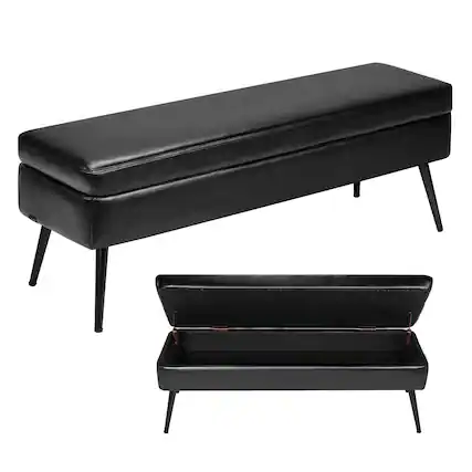 Front. VEVOR - Leather Storage Ottoman Bench, PU Leather Bench with Storage and Metal Legs, Modern Shoe Benches Seat, Upholstered - Black.