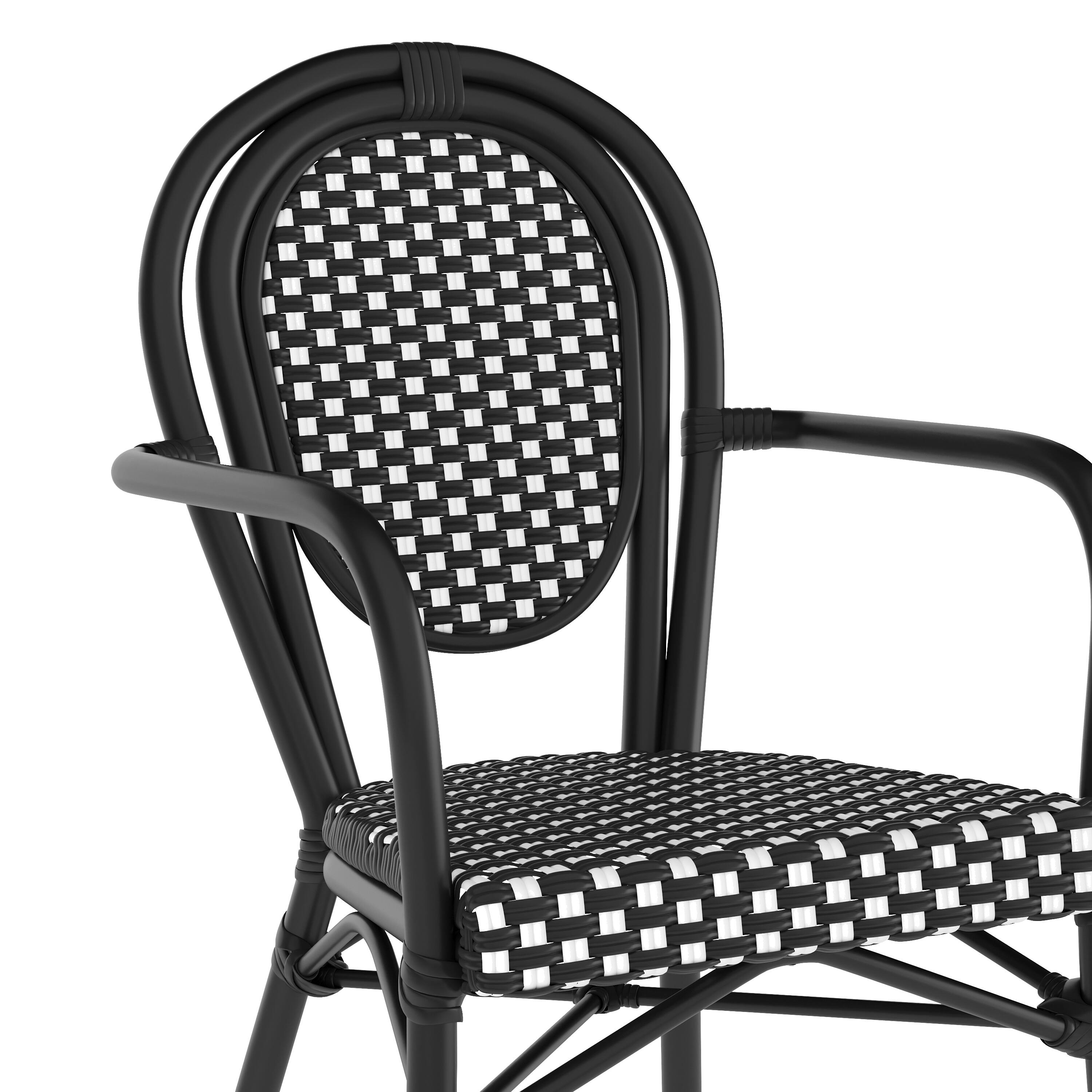 Alt View 10. Emma + Oliver - Colmar Set of Two Indoor/Outdoor Stacking Thonet Bistro Style Chairs with Arms, PE Rattan Seat and Metal Frame - Black & White/Black Frame.