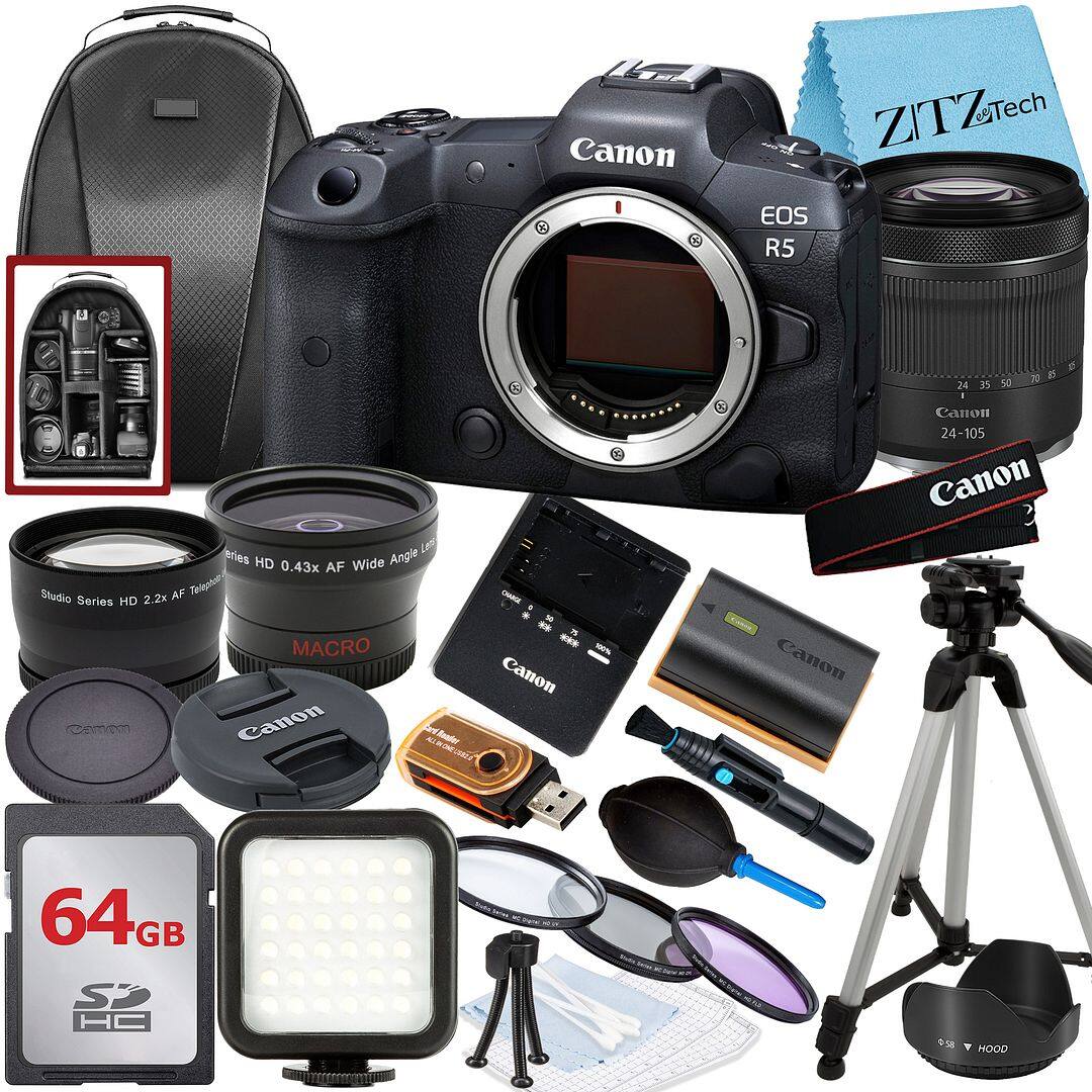 Canon - EOS R5 Mirrorless Camera with 24-105 Lens + 64GB Card + Flash + ZeeTech Bundle (International Version) - Black