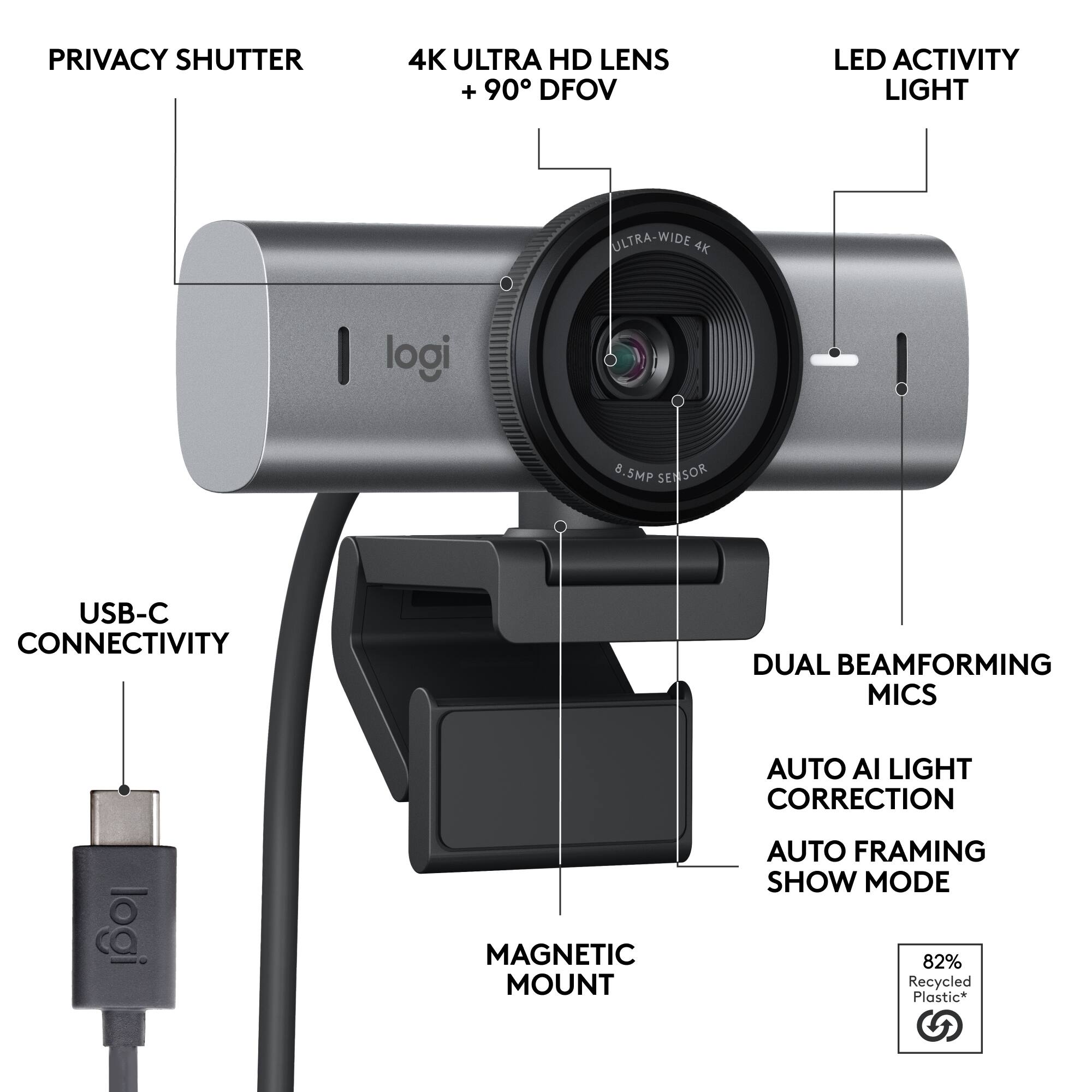 PRIVACY SHUTTER  
4K ULTRA HD LENS + 90° DFOV  
LED ACTIVITY LIGHT  
ULTRA-WIDE 4K  
8.5MP SENSOR  
USB-C CONNECTIVITY  
DUAL BEAMFORMING MICS  
AUTO AI LIGHT CORRECTION  
MAGNETIC MOUNT  
AUTO FRAMING SHOW MODE  
82% Recycled Plastic*
