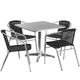 Emma + Oliver - 31.5" Square Aluminum Garden Patio Table Set with 4 Rattan Chairs - Black
