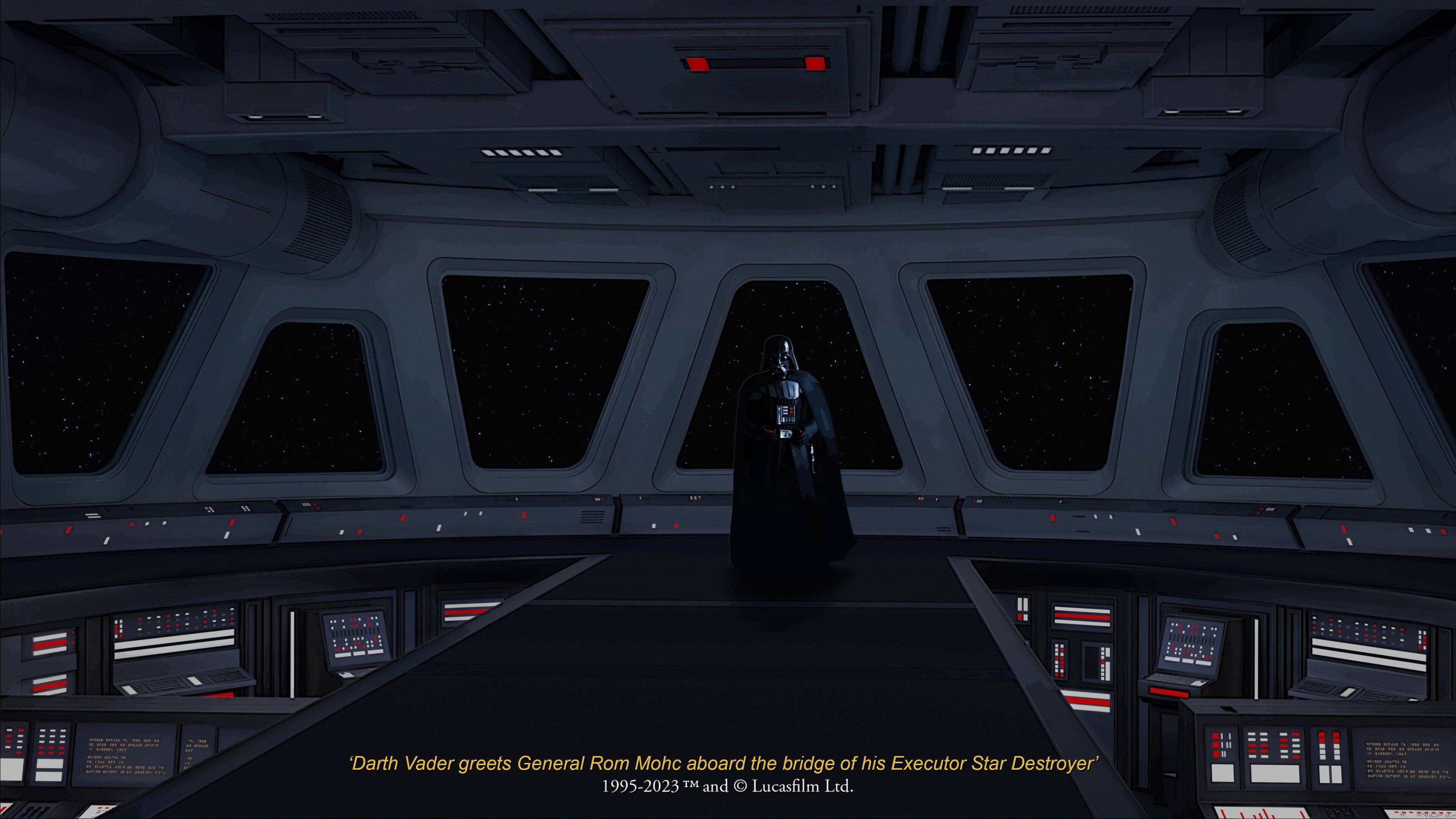 'Darth Vader greets General Rom Mohc aboard the bridge of his Executor Star Destroyer'  
1995-2023 TM and © Lucasfilm Ltd.