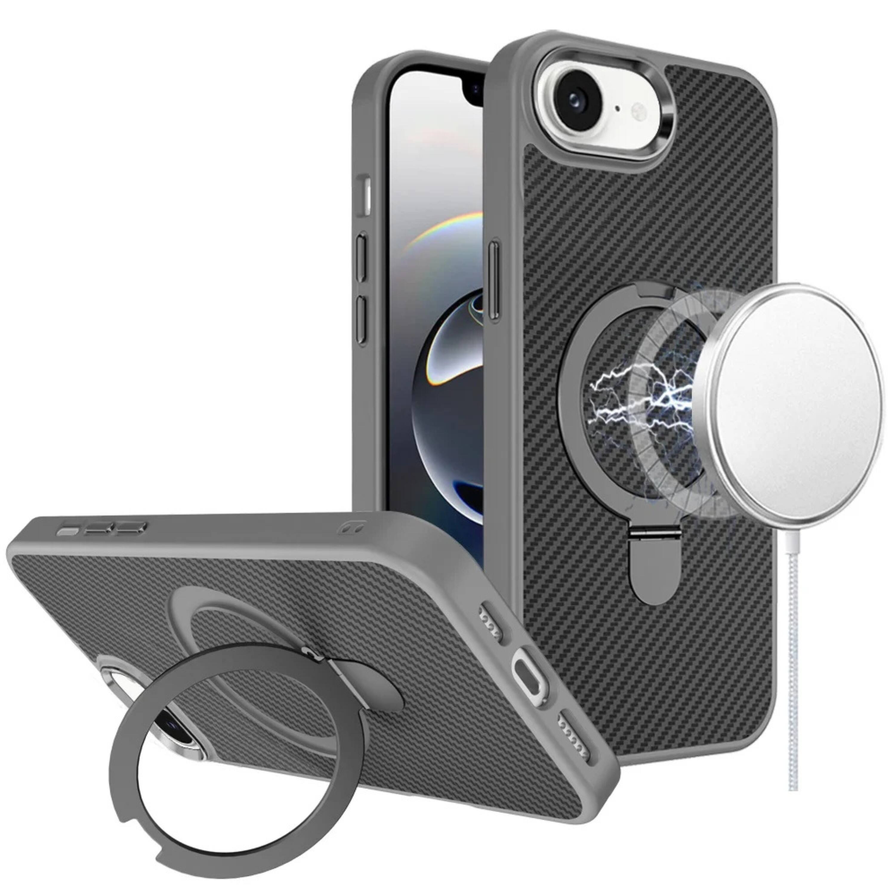 Front. Kitcheniva - Carbon Fiber Print Metal Ring Stand Rugged Phone Case With Tempered Glass For iPhone 16e 17e Grey - Gray.