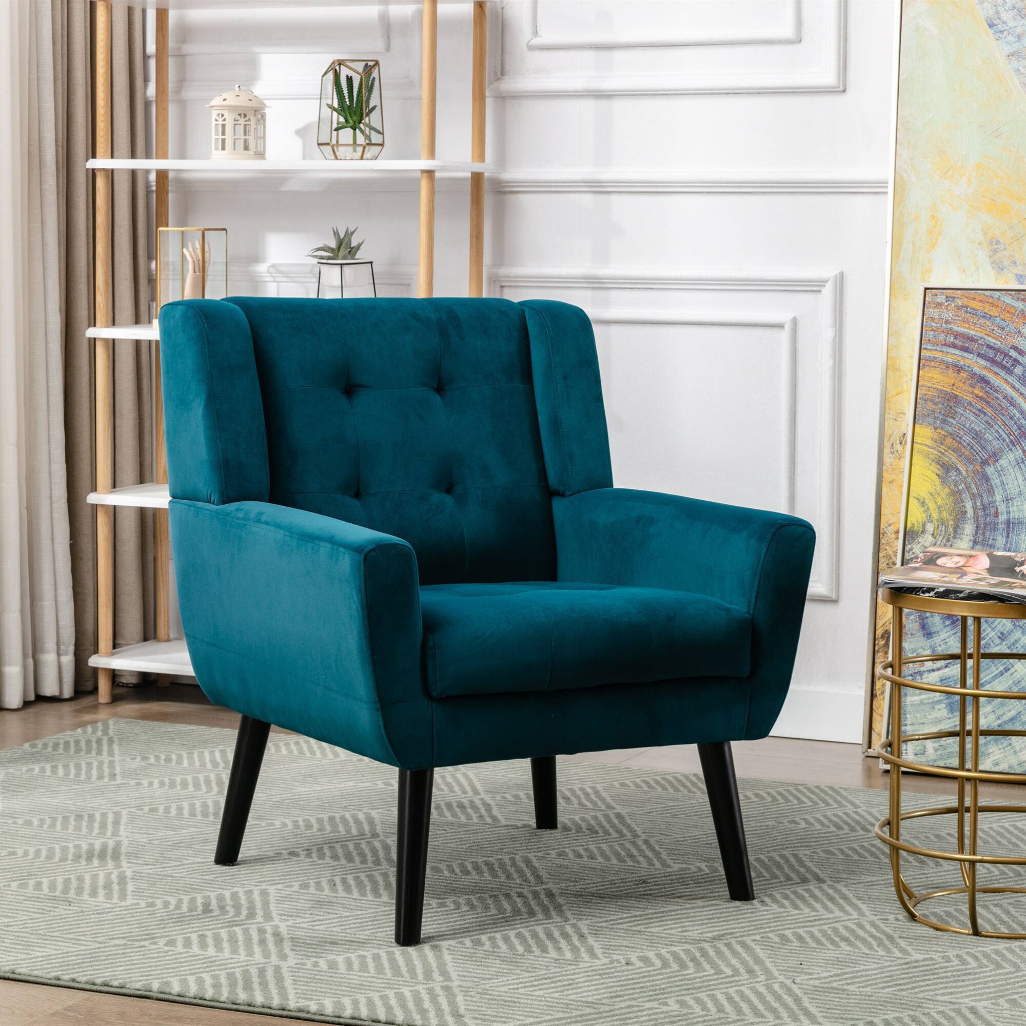 Front. GOODSILO - Luxury Velvet Upholstered Accent Chair with Ergonomic Design for Living Room and Bedroom Comfort - Teal.