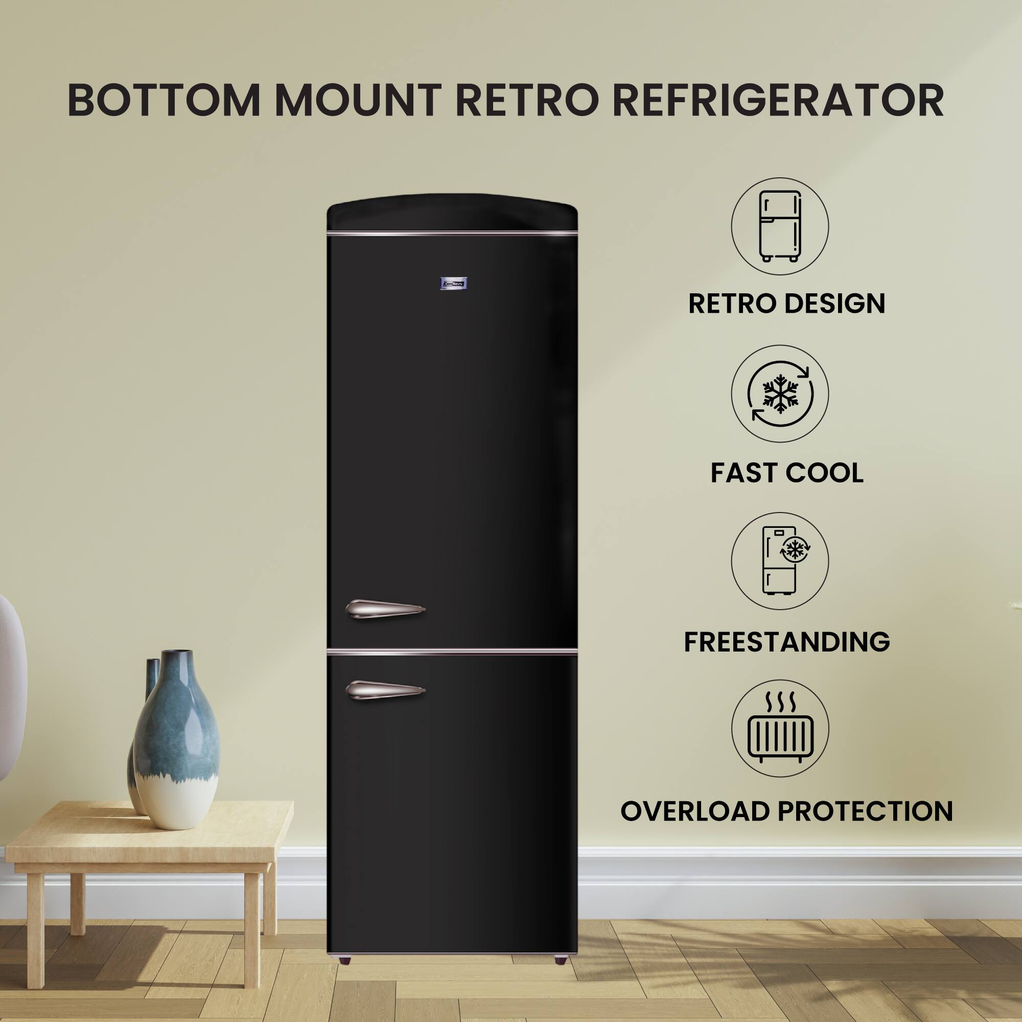 BOTTOM MOUNT RETRO REFRIGERATOR

- RETRO DESIGN
- FAST COOL
- FREESTANDING
- OVERLOAD PROTECTION