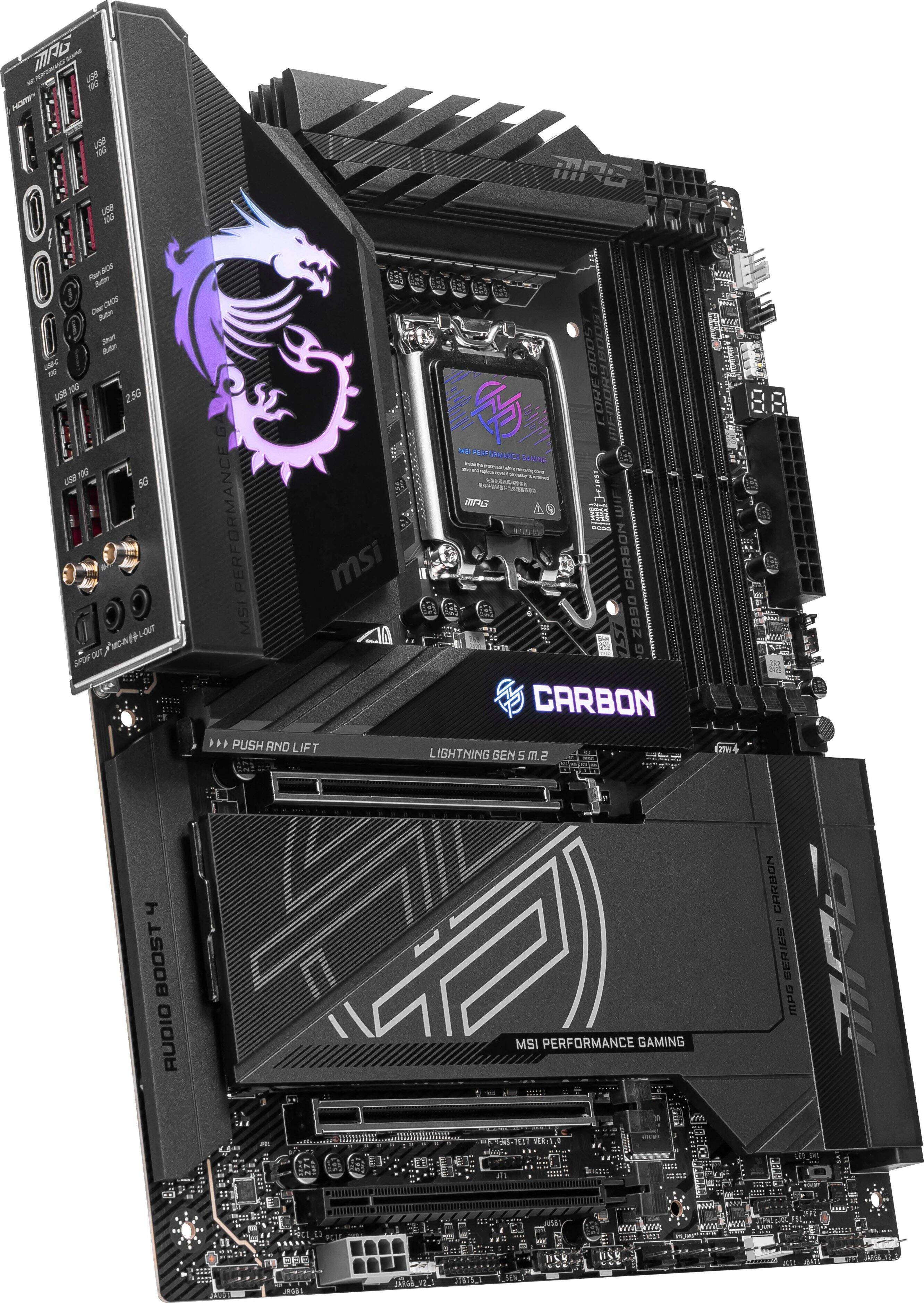 The image features a close-up of a computer tower with a dragon design on the side. The tower is black and has a carbon dragon design on it. The tower is part of a MSI gaming computer, which is known for its performance and gaming capabilities. The carbon dragon design adds a unique and visually appealing touch to the computer tower, making it stand out from other standard computer towers.