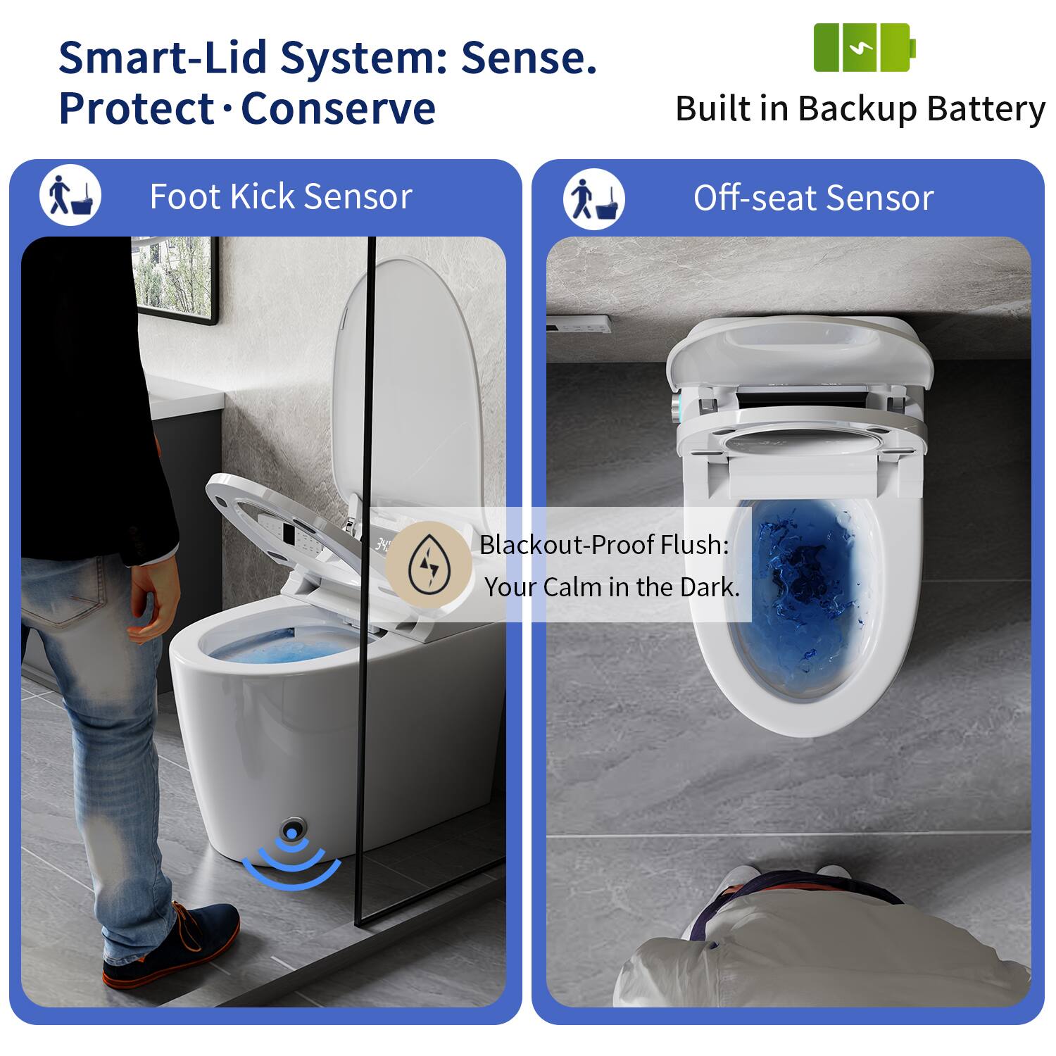 Smart-Lid System: Sense. Protect. Conserve

- Foot Kick Sensor
- Off-seat Sensor
- Built in Backup Battery
- Blackout-Proof Flush: Your Calm in the Dark.