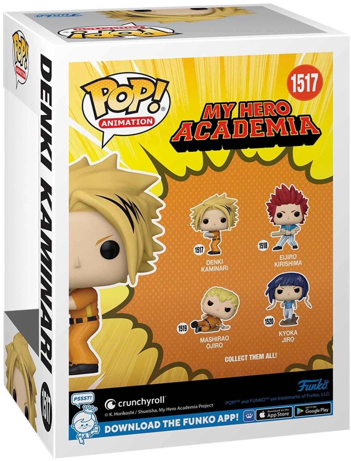 The text on the image can be grouped and corrected as follows:

---

**My Hero Academia Pop! Animation**

- **1517:** Denki Kaminari
- **1518:** Eijiro Kirishima
- **1519:** Mashirao Ojiro
- **1520:** Kyoka Jiro

**Funko, LLC**

- "PSSST! Funko" are trademarks of Crunchyroll.
- "POP!" and "Funko" are trademarks of Funko, LLC.

**My Hero Academia Project**

- Horikoshi / Shueisha

**Download the Funko App!**

- Available on the App Store and Google Play

---

This text is derived from the visible details on the packaging, including character names, Funko branding, and app download information.