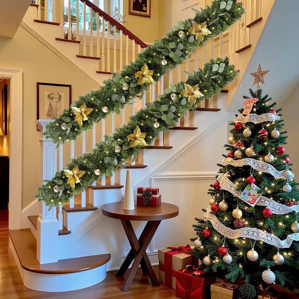 Back. Schertz - 6ft Lighted Christmas Garland w/ Gold Ornaments & Flowers - Gold.