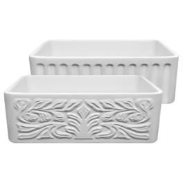 Whitehaus - Farmhaus Fireclay Reversible Sink with a Gothichaus Swirl Design Front Apron on One Side - White